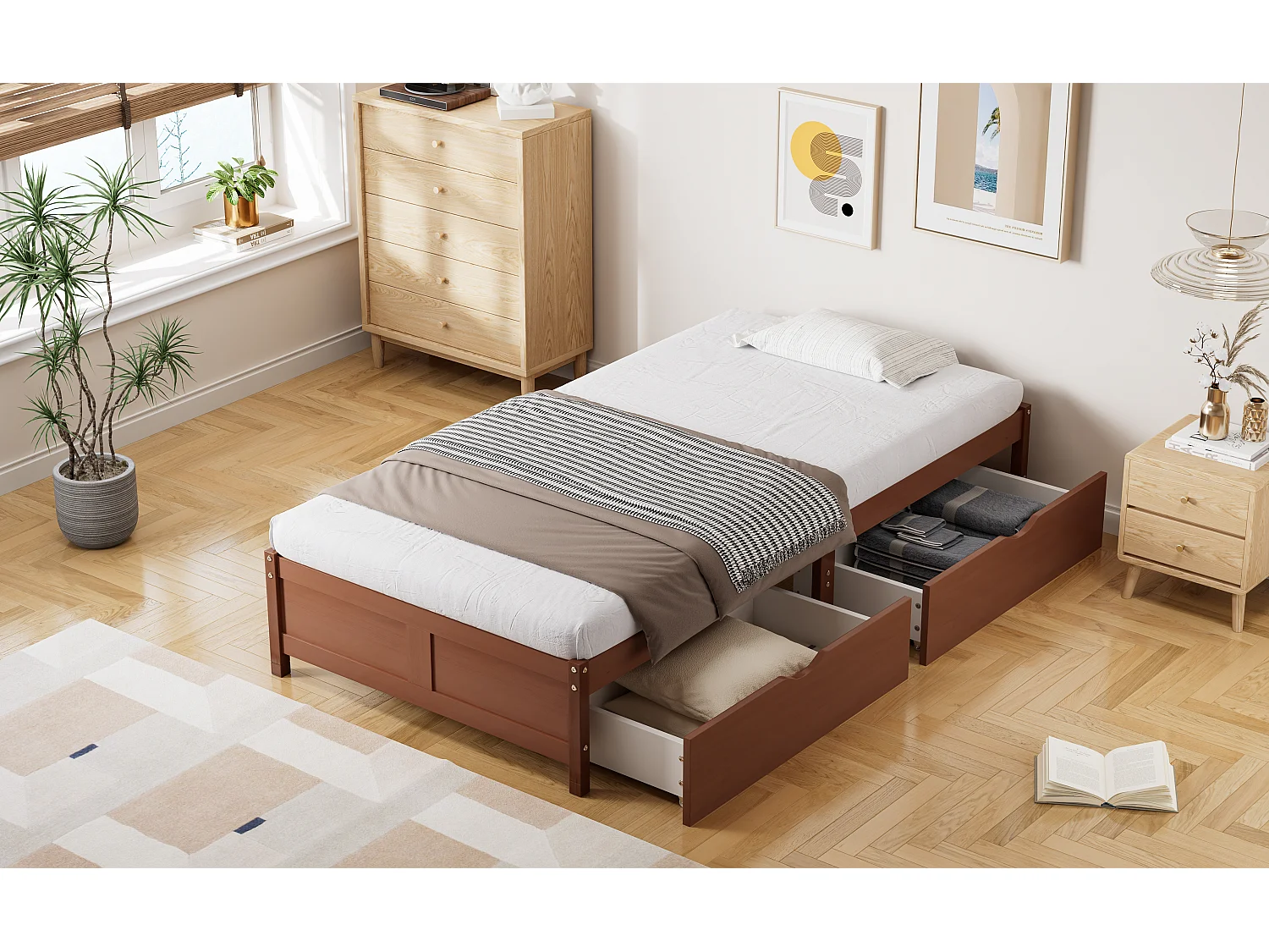 Kinderbett 90 x 200 cm ohne Kopfteil – 2 Schubladen – Kiefer + MDF – rotbraun (ohne Matratze)