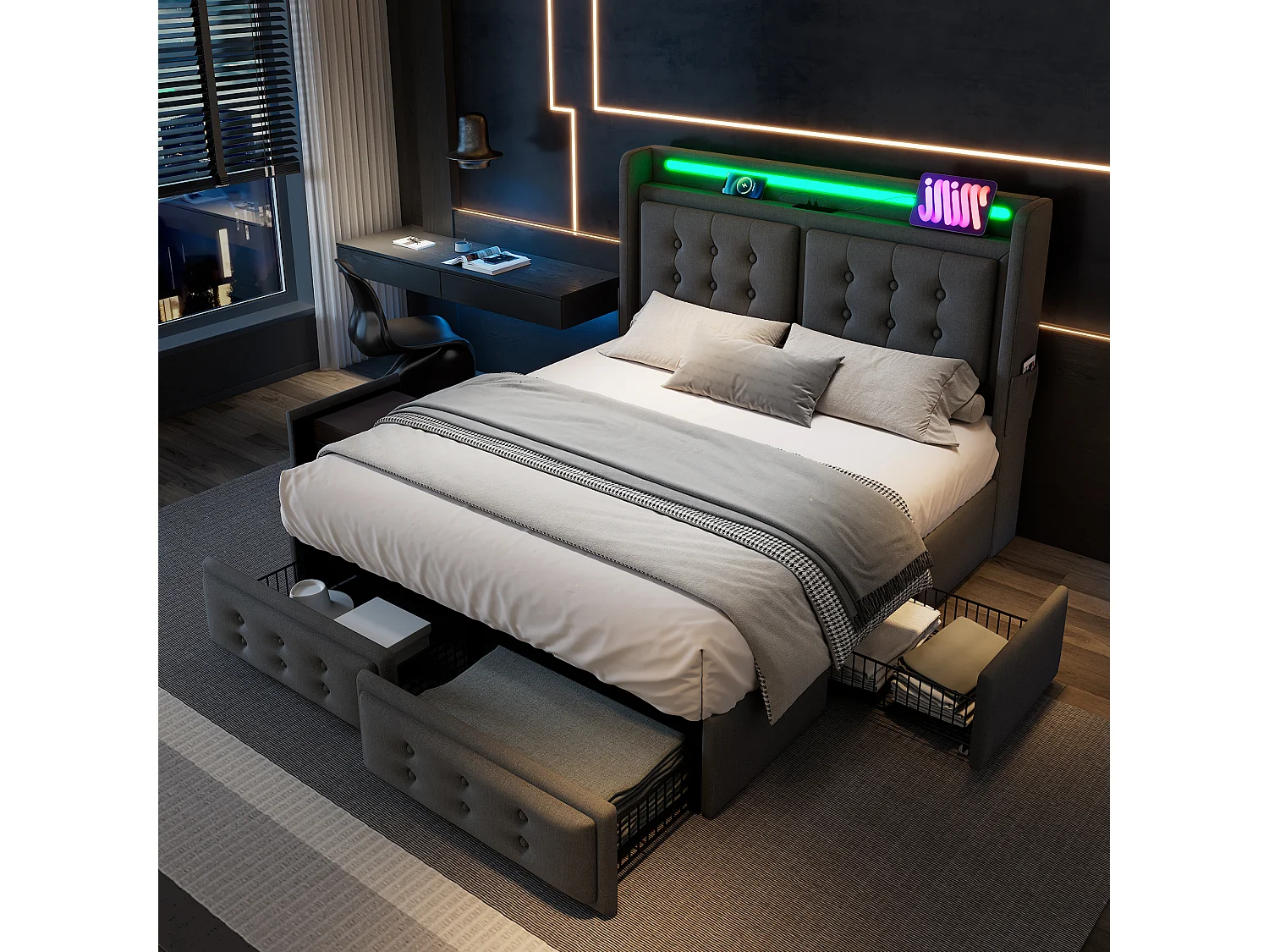 Letto imbottito 180 x 200 cm con 4 cassetti, testiera LED, presa USB Type-C - Tessuto in cotone - Grigio (senza materasso)