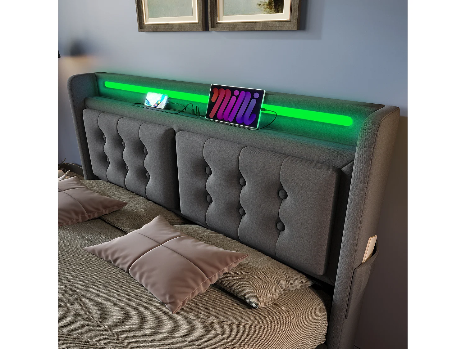 Letto imbottito 180 x 200 cm con 4 cassetti, testiera LED, presa USB Type-C - Tessuto in cotone - Grigio (senza materasso)