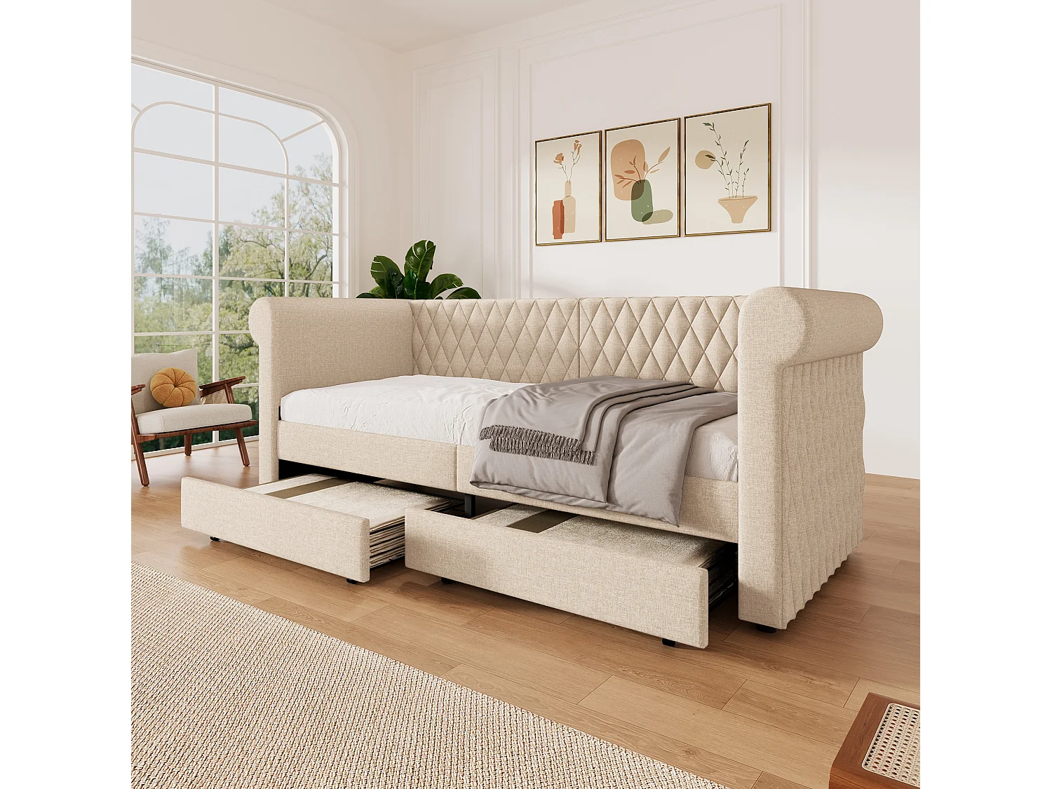 Cama tapizada 90x200 cm con 2 cajones, sofá cama - tejido de lino - beige (sin colchón)