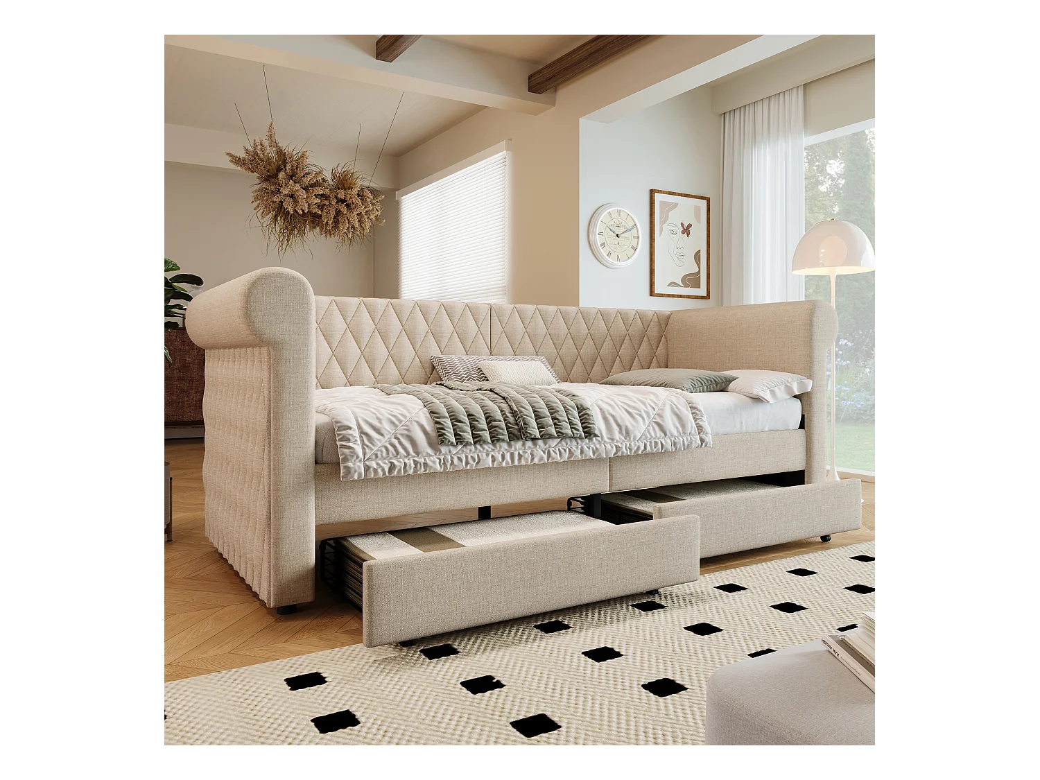 Polsterbett 90 x 200 cm mit 2 Schubladen, Schlafsofa – Leinenstoff – Beige (ohne Matratze)