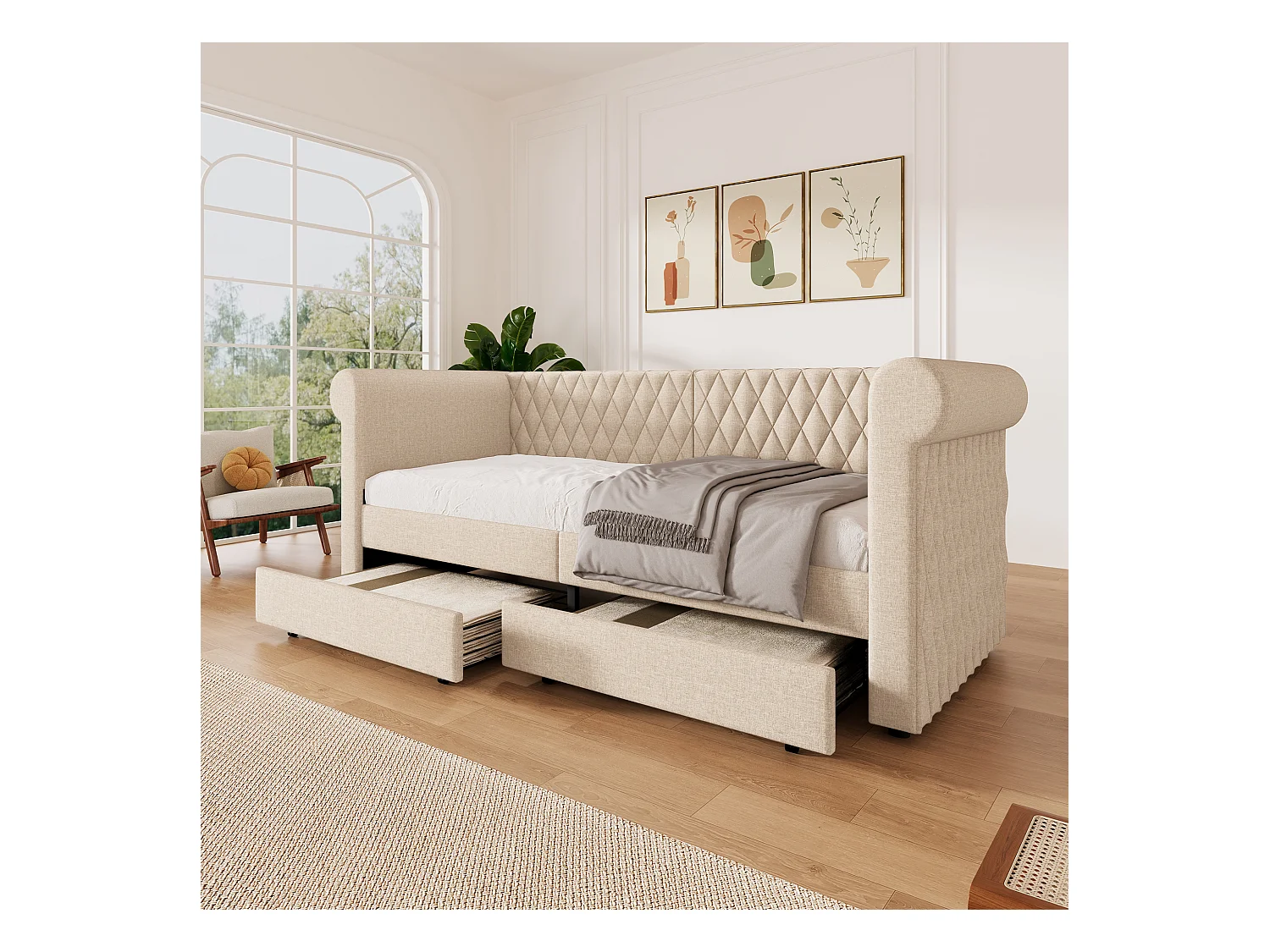 Lit capitonné 90 x 200 cm avec 2 tiroirs, canapé-lit - tissu en lin - beige (sans matelas)