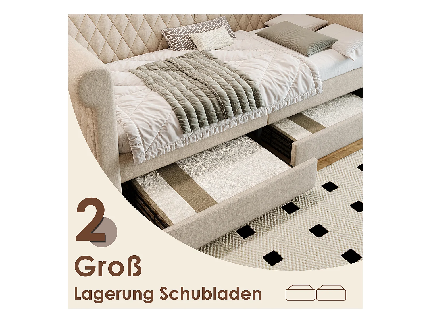 Lit capitonné 90 x 200 cm avec 2 tiroirs, canapé-lit - tissu en lin - beige (sans matelas)
