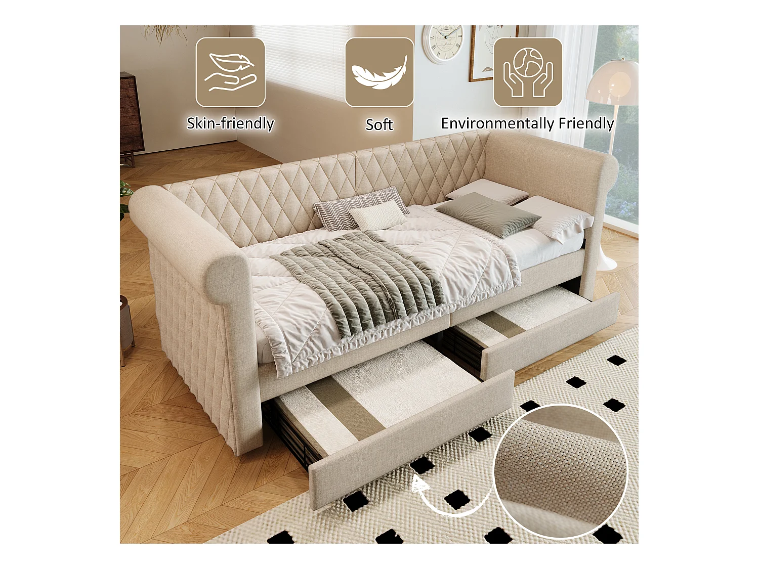 Lit capitonné 90 x 200 cm avec 2 tiroirs, canapé-lit - tissu en lin - beige (sans matelas)