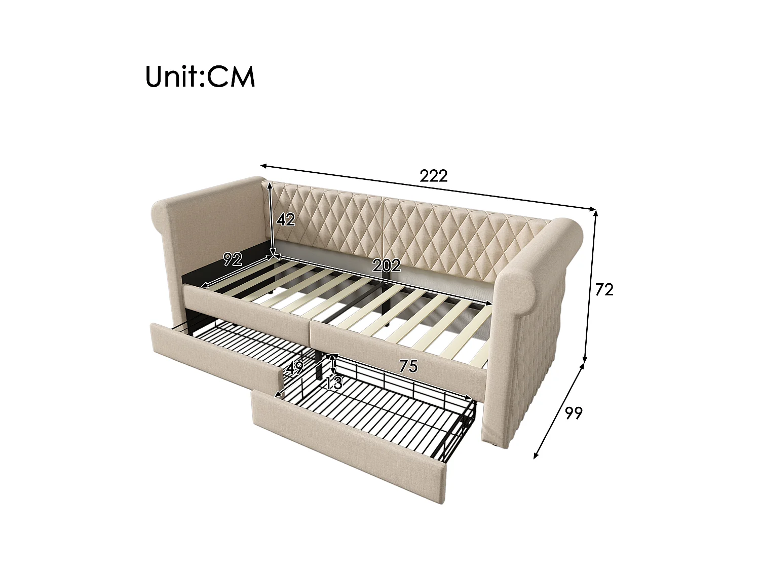 Lit capitonné 90 x 200 cm avec 2 tiroirs, canapé-lit - tissu en lin - beige (sans matelas)