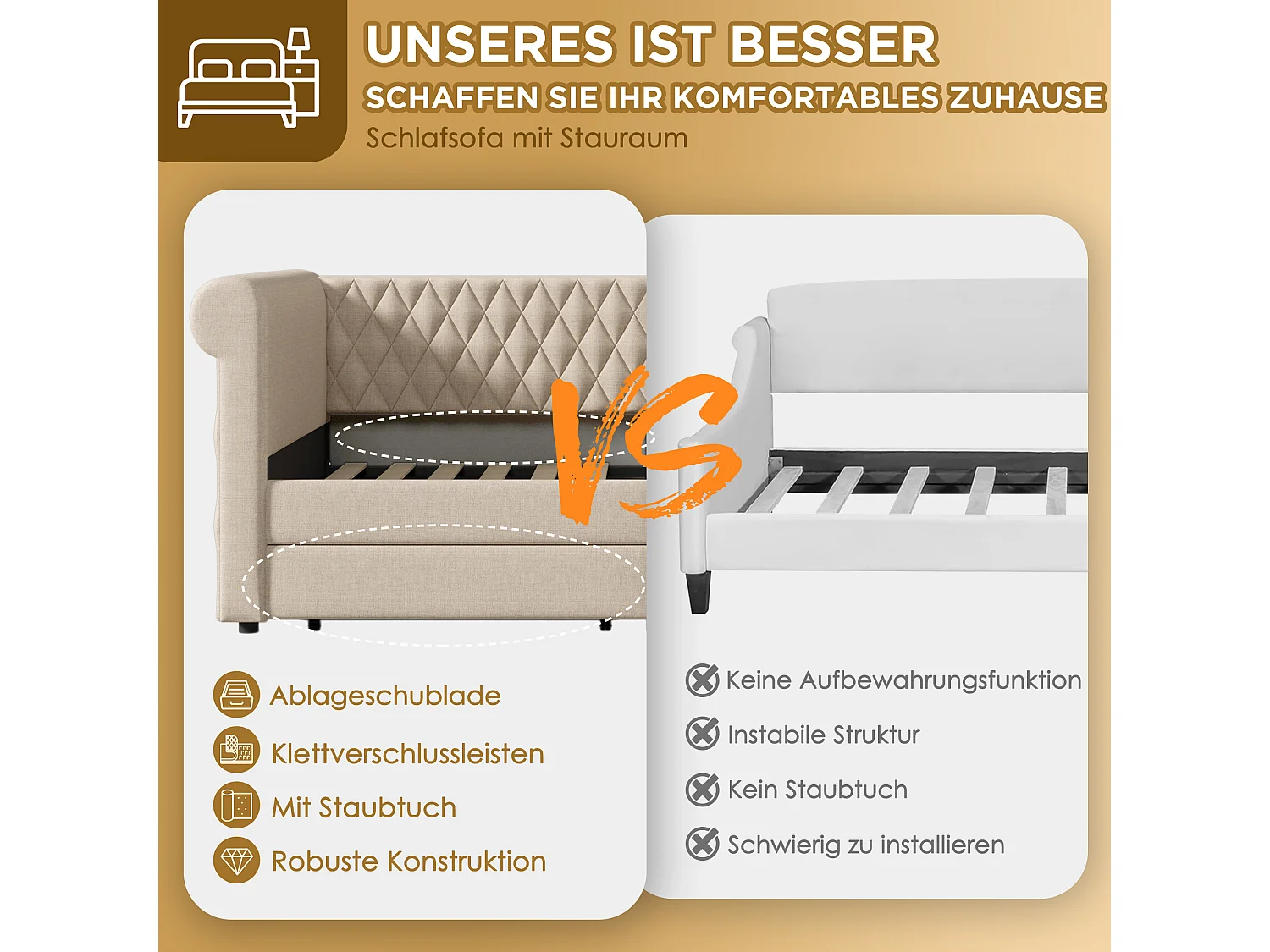 Lit capitonné 90 x 200 cm avec 2 tiroirs, canapé-lit - tissu en lin - beige (sans matelas)