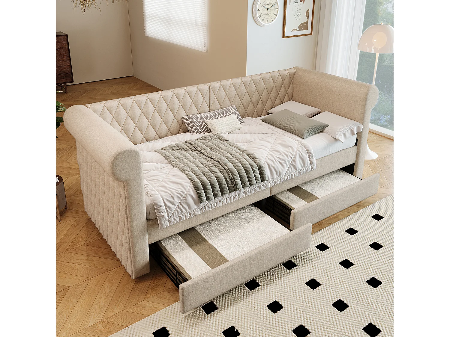 Lit capitonné 90 x 200 cm avec 2 tiroirs, canapé-lit - tissu en lin - beige (sans matelas)