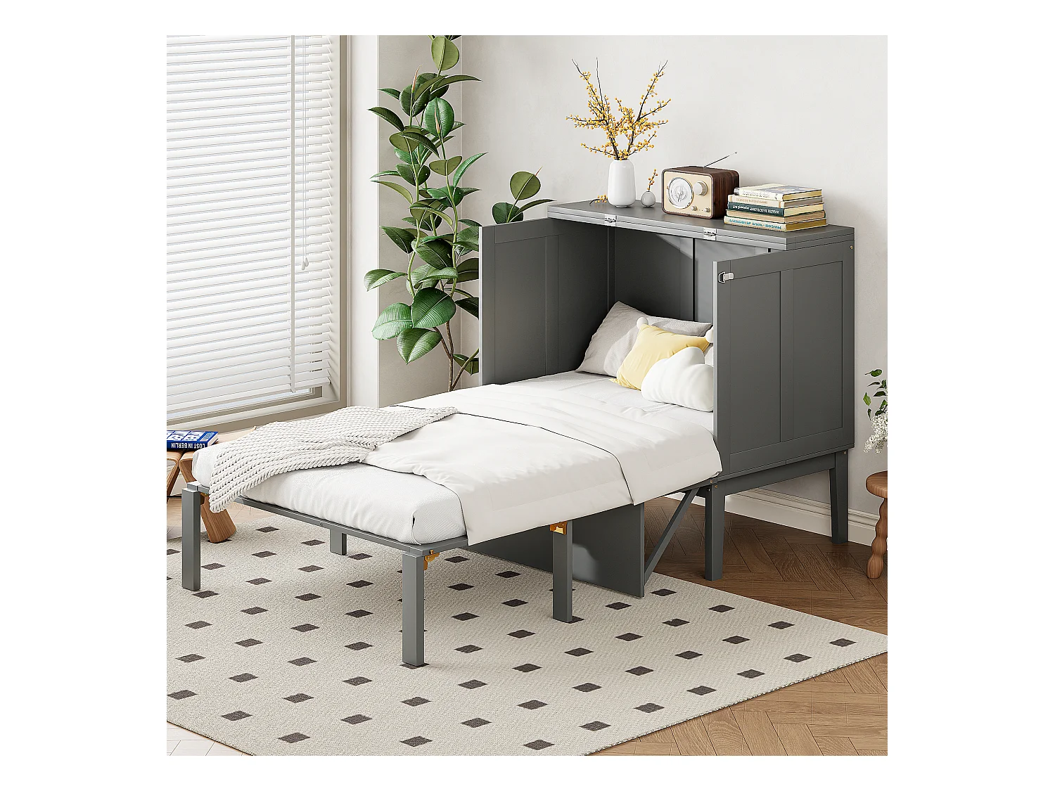 Verticaal opklapbed 90 x 200 cm met lattenbodem, multiplex + MDF, grijs (zonder matras)