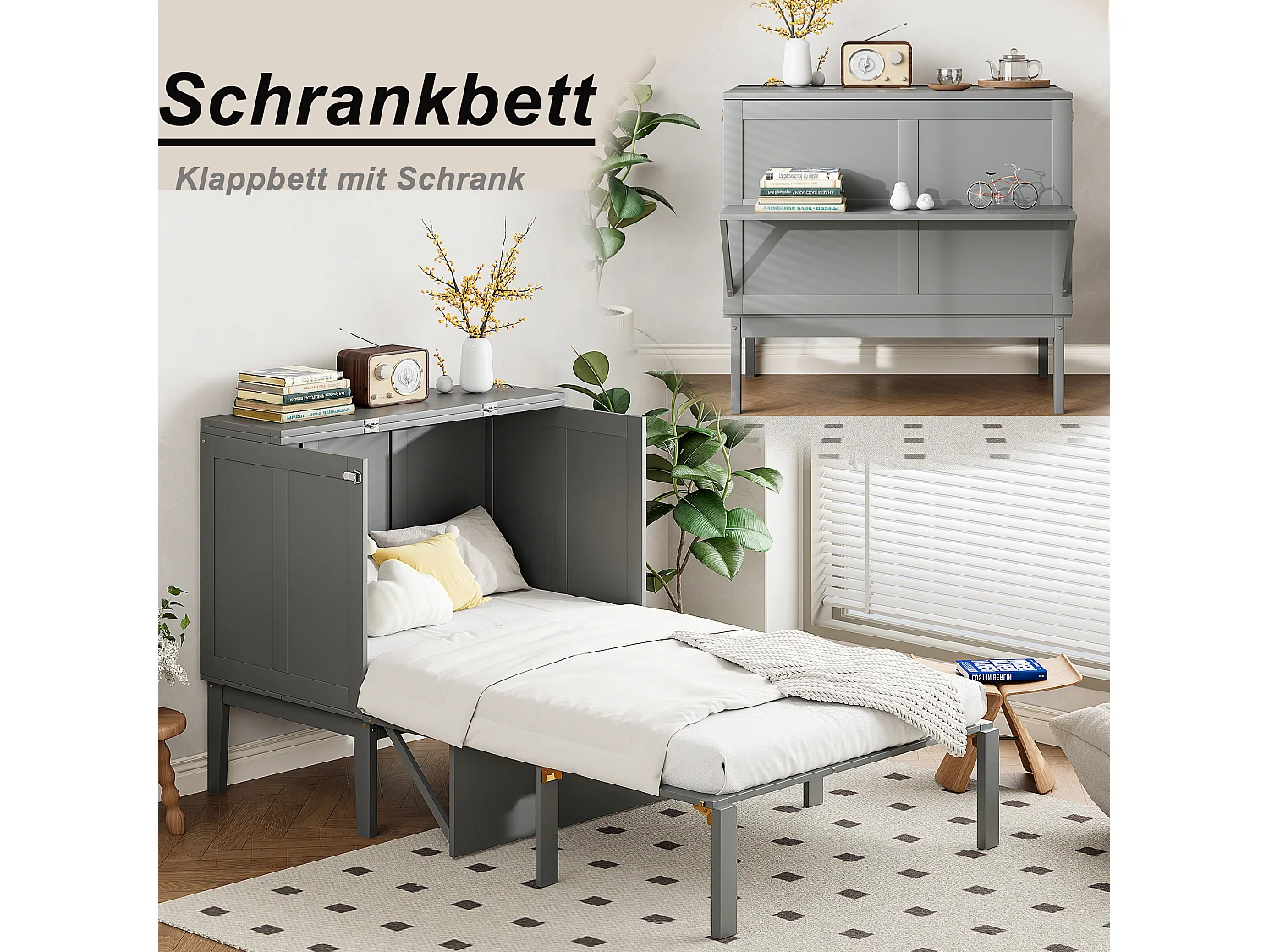 Cama abatible vertical 90 x 200 cm con somier de láminas, madera contrachapada + MDF, gris (sin colchón)