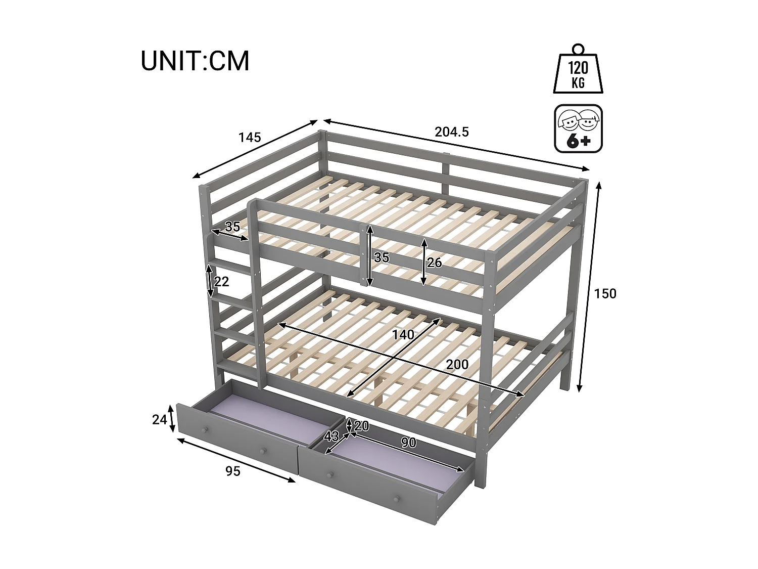 Etagenbetten 140 x 200 cm mit 2 großen Schubladen – Geländer und Treppe – MDF-Holz – Grau