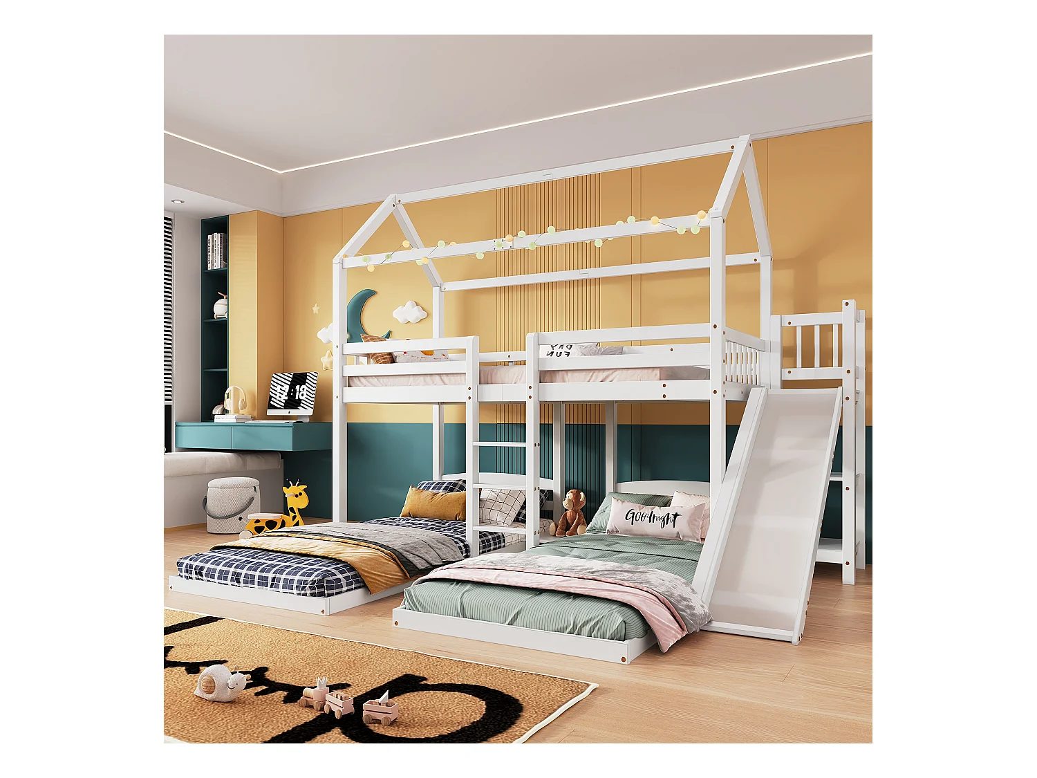 Lits superposés triples 3 x 90 x 200 cm avec toboggan et étagères - sommier à lattes seul au dessus - pin + MDF - blanc (sans matelas)