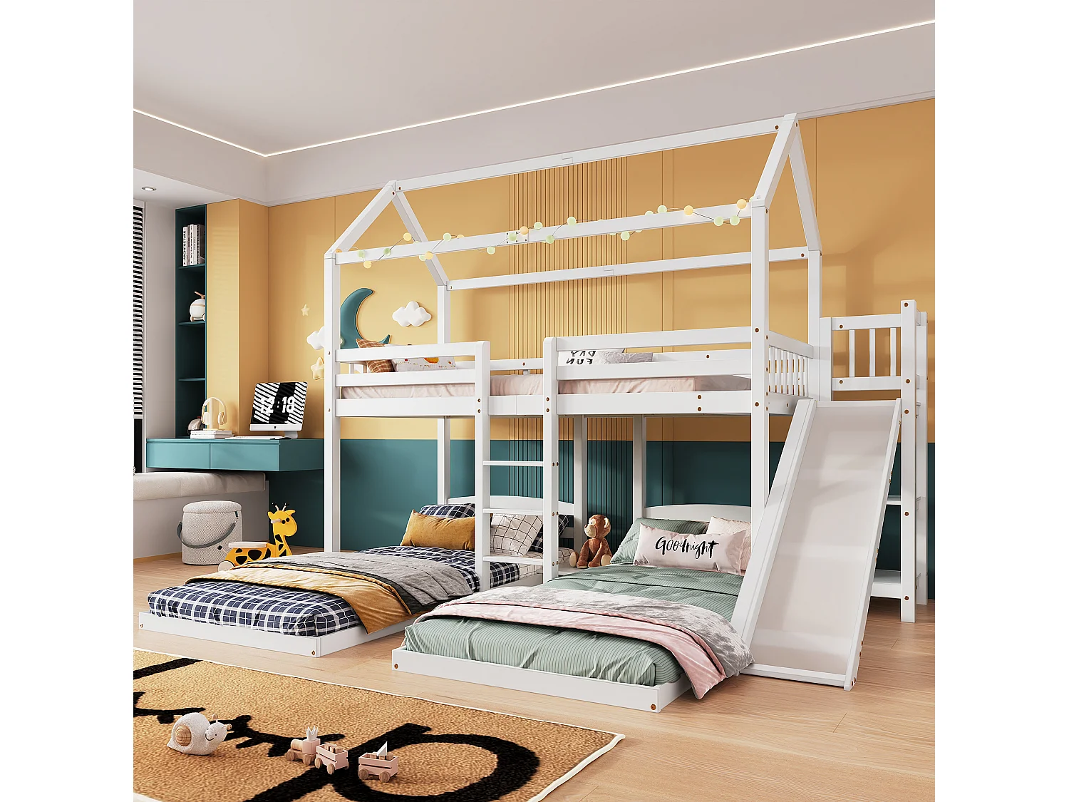 Letto a castello triplo 3 x 90 x 200 cm con scivolo e ripiani - rete a doghe solo sopra - pino + MDF - bianco (senza materasso)