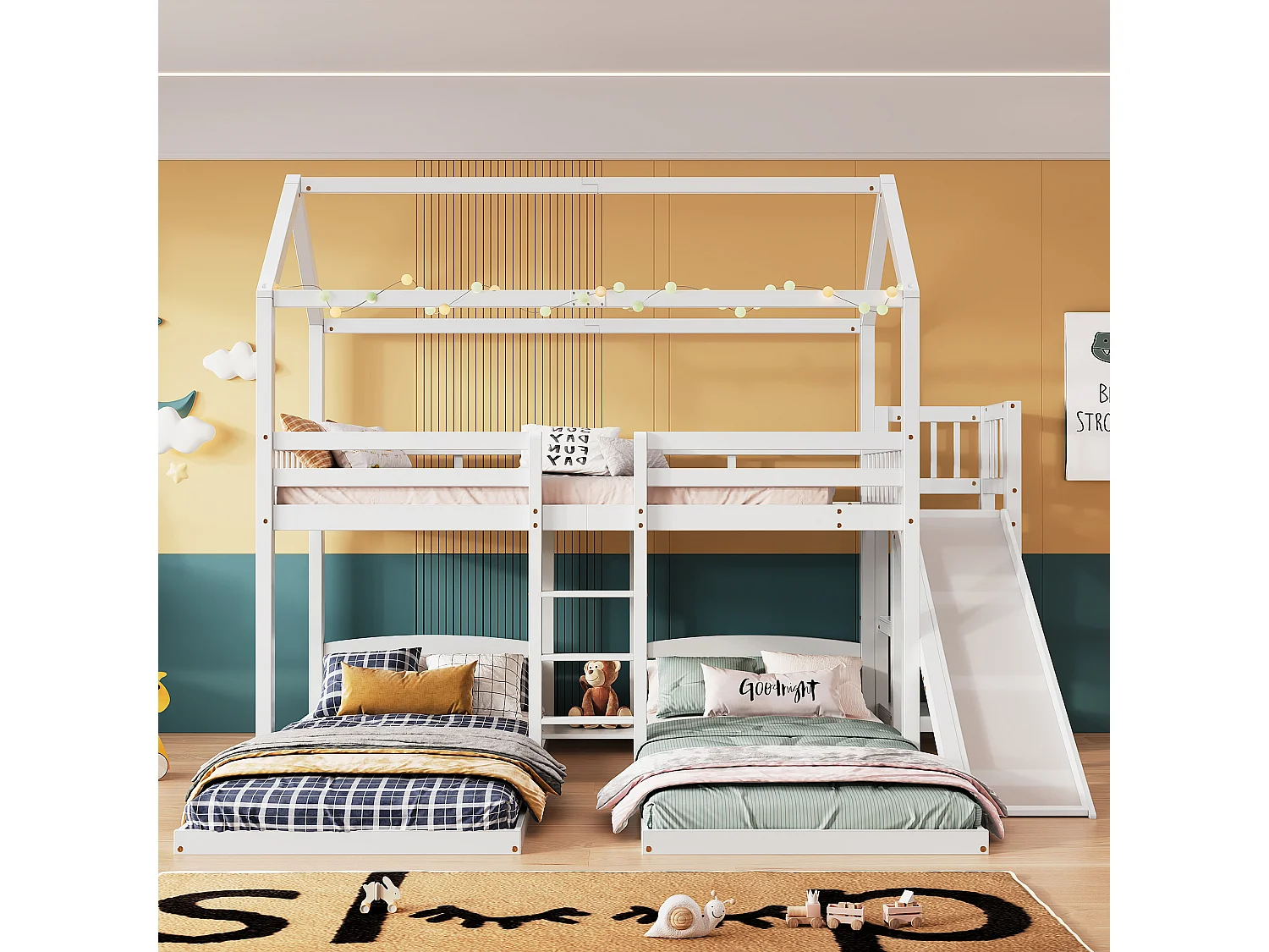 Letto a castello triplo 3 x 90 x 200 cm con scivolo e ripiani - rete a doghe solo sopra - pino + MDF - bianco (senza materasso)