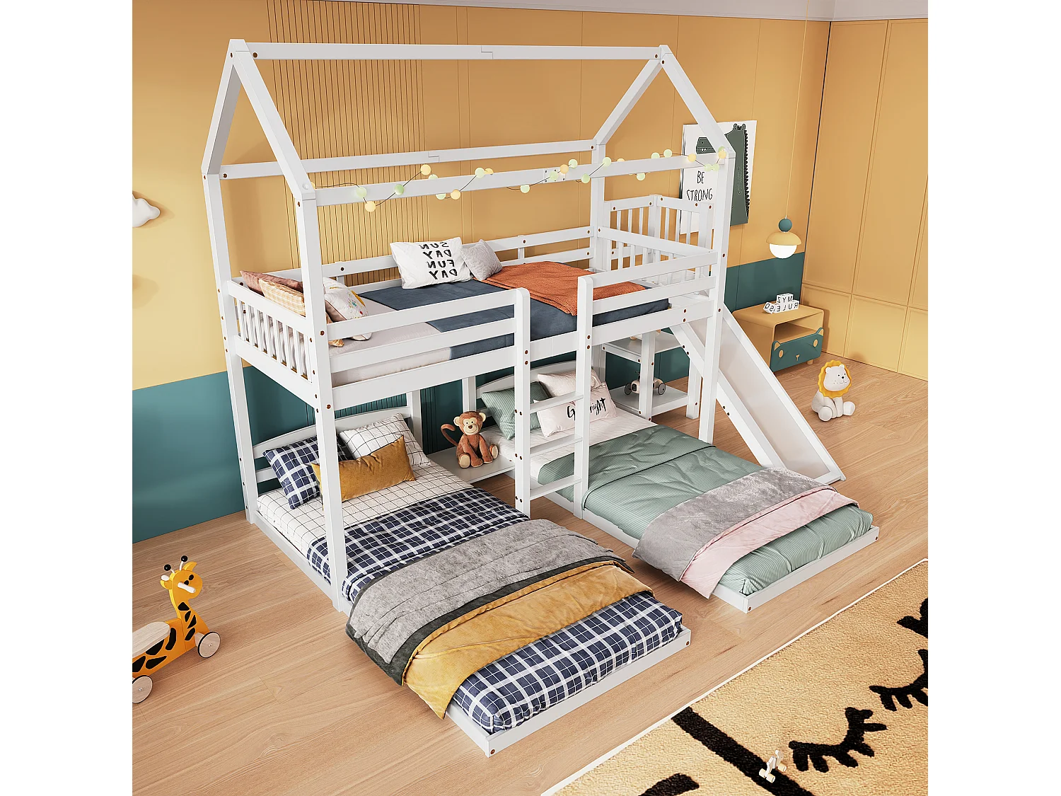 Letto a castello triplo 3 x 90 x 200 cm con scivolo e ripiani - rete a doghe solo sopra - pino + MDF - bianco (senza materasso)