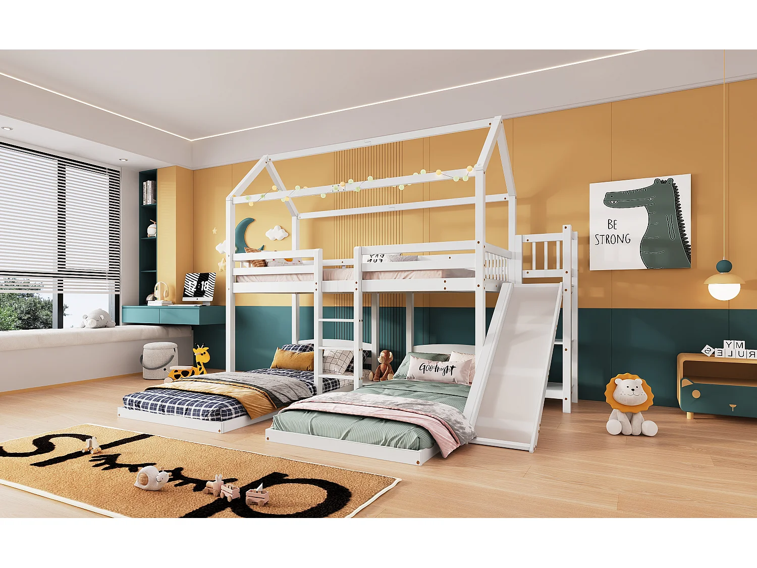 Letto a castello triplo 3 x 90 x 200 cm con scivolo e ripiani - rete a doghe solo sopra - pino + MDF - bianco (senza materasso)