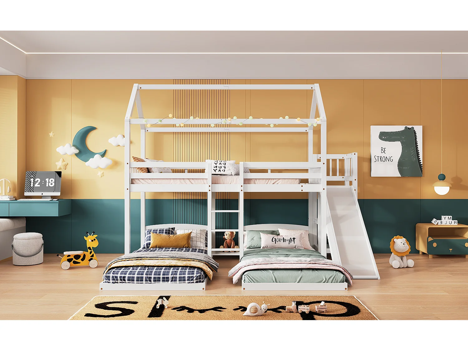 Letto a castello triplo 3 x 90 x 200 cm con scivolo e ripiani - rete a doghe solo sopra - pino + MDF - bianco (senza materasso)