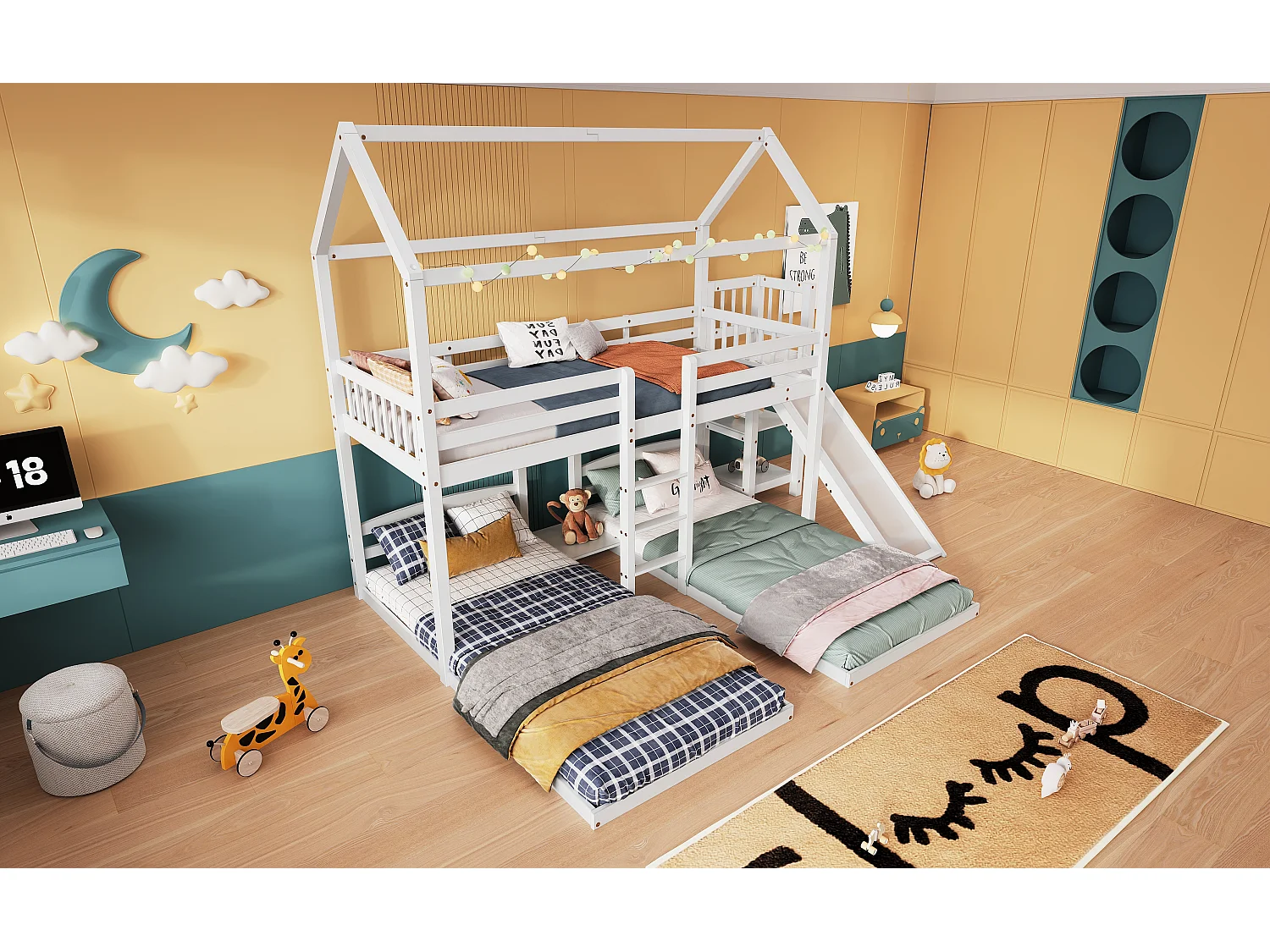 Letto a castello triplo 3 x 90 x 200 cm con scivolo e ripiani - rete a doghe solo sopra - pino + MDF - bianco (senza materasso)