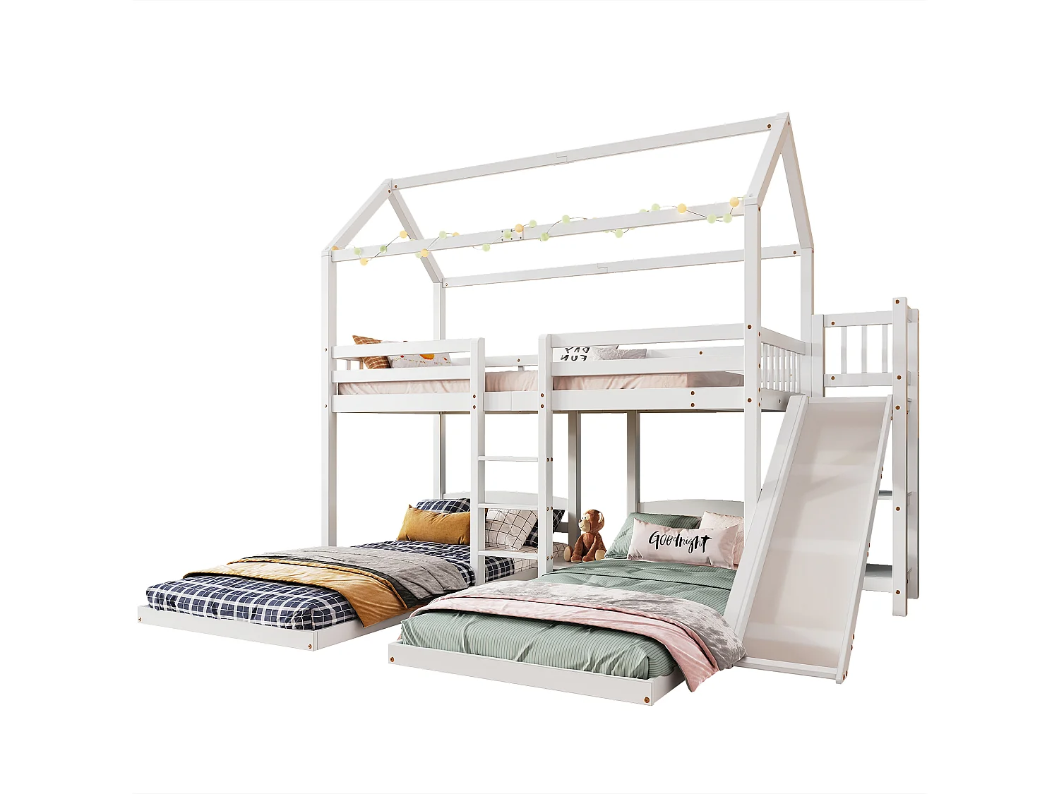 Letto a castello triplo 3 x 90 x 200 cm con scivolo e ripiani - rete a doghe solo sopra - pino + MDF - bianco (senza materasso)