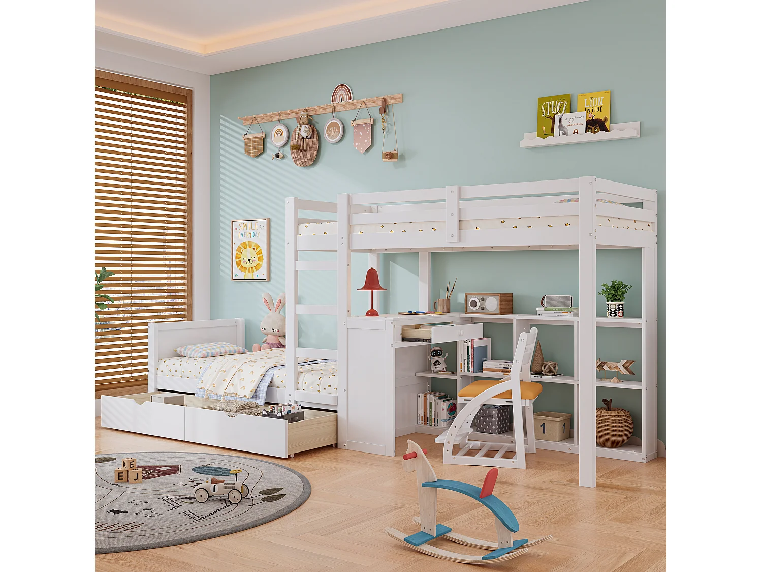 Letti a castello 2 x 90 x 200 cm con scrivania, 3 cassetti e ripiano aperto - pino + MDF - bianco (senza materasso)