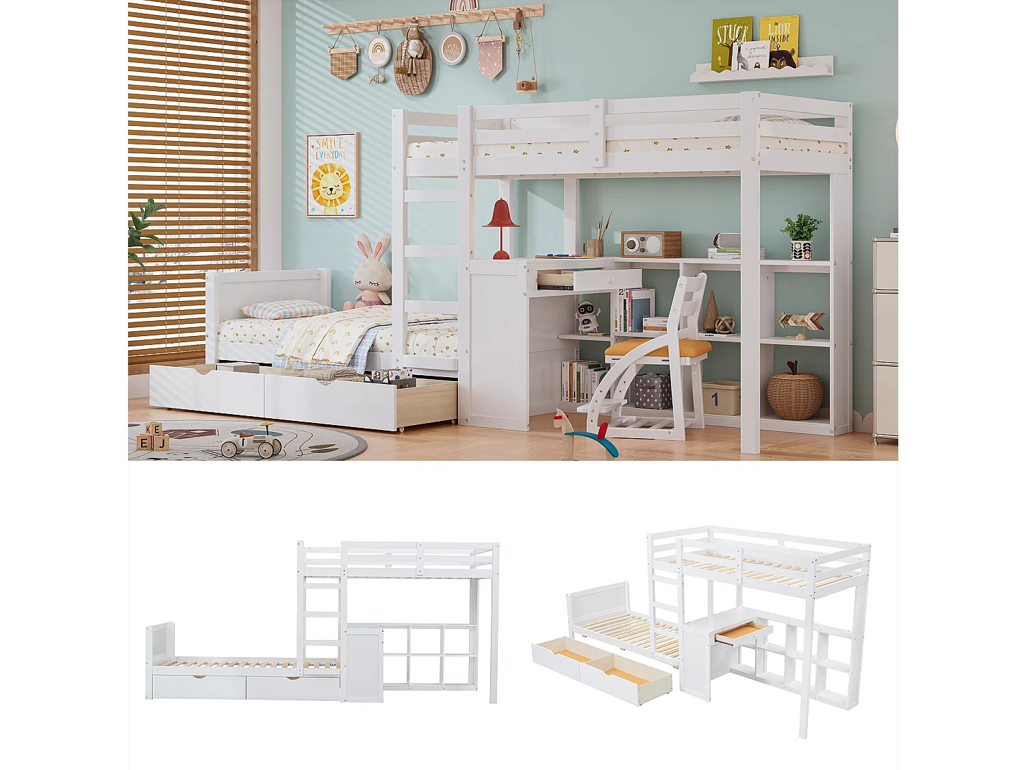 Letti a castello 2 x 90 x 200 cm con scrivania, 3 cassetti e ripiano aperto - pino + MDF - bianco (senza materasso)