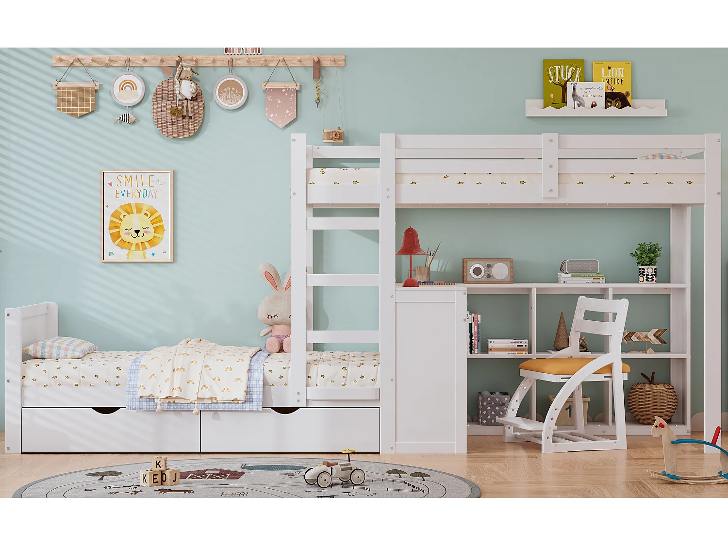 Letti a castello 2 x 90 x 200 cm con scrivania, 3 cassetti e ripiano aperto - pino + MDF - bianco (senza materasso)