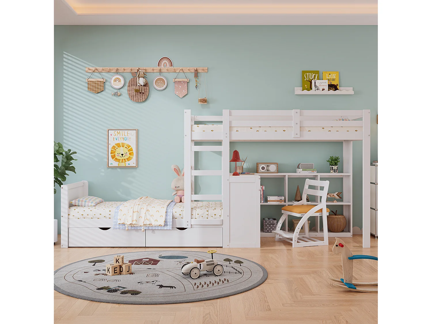 Lits superposés 2 x 90 x 200 cm avec bureau, 3 tiroirs et étagère ouverte - pin + MDF - blanc (sans matelas)