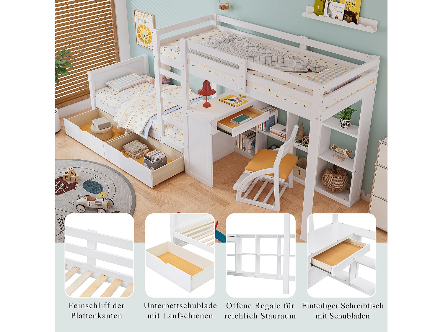 Lits superposés 2 x 90 x 200 cm avec bureau, 3 tiroirs et étagère ouverte - pin + MDF - blanc (sans matelas)