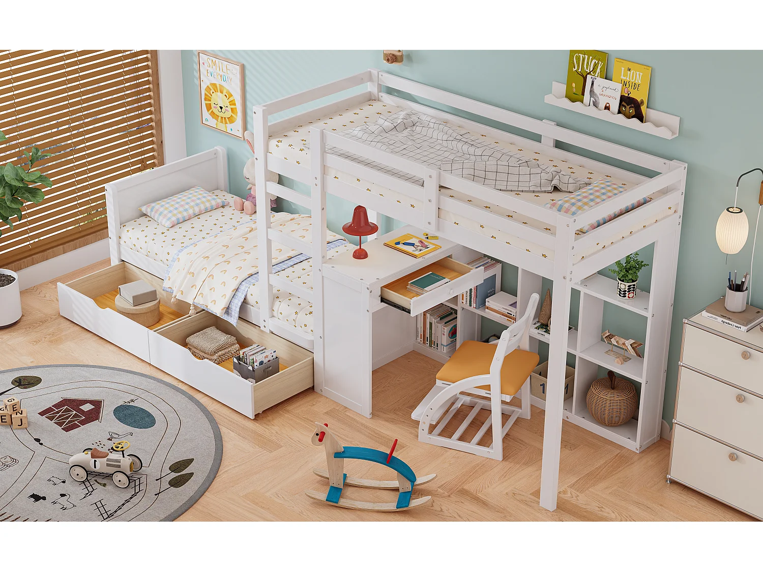 Lits superposés 2 x 90 x 200 cm avec bureau, 3 tiroirs et étagère ouverte - pin + MDF - blanc (sans matelas)