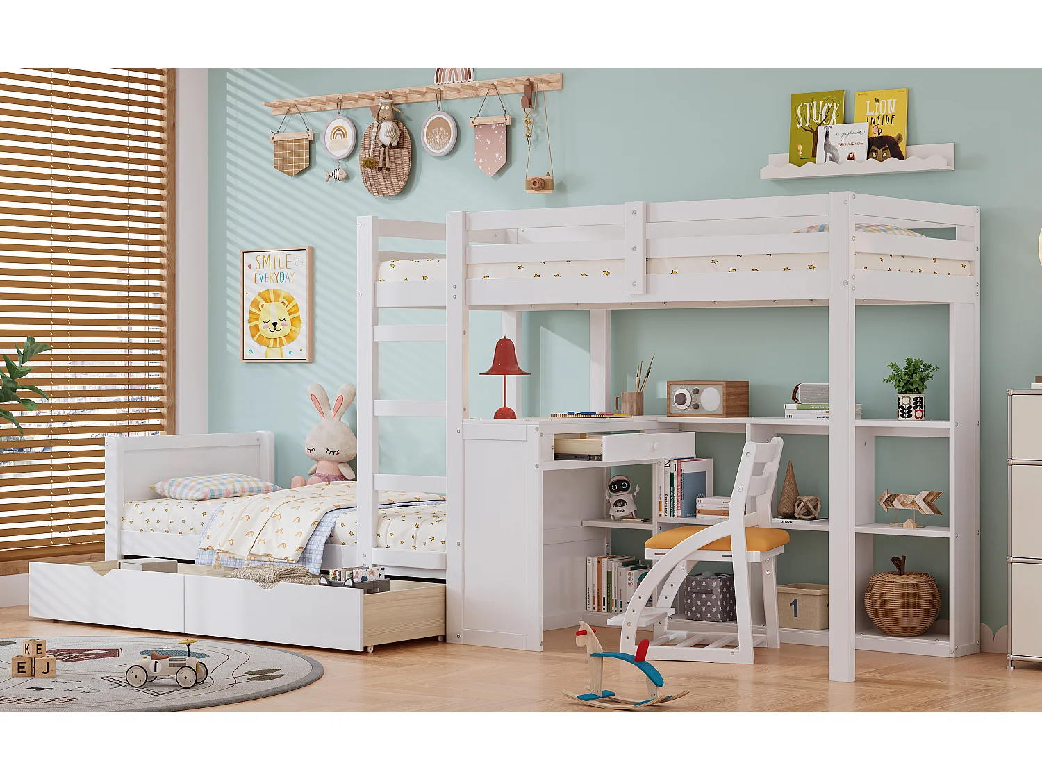 Lits superposés 2 x 90 x 200 cm avec bureau, 3 tiroirs et étagère ouverte - pin + MDF - blanc (sans matelas)