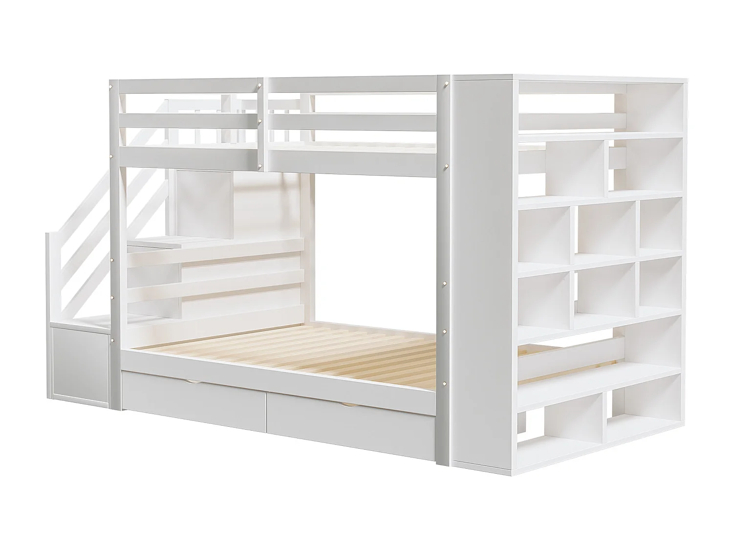 Letti a castello 2 x 90 x 200 cm con 2 cassetti e ampi armadietti e scale - legno di pino + MDF - bianco (senza materasso)