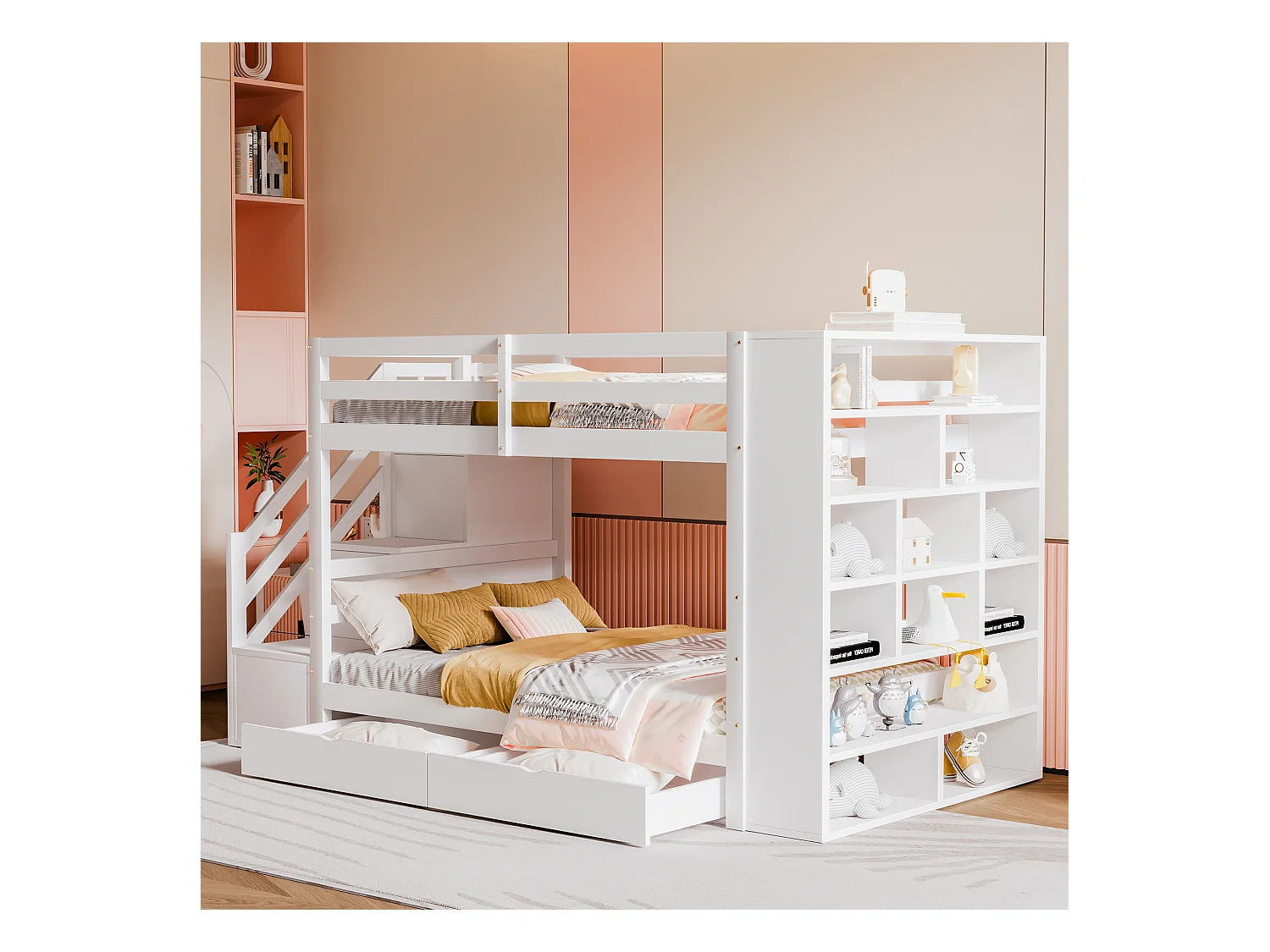 Letti a castello 2 x 90 x 200 cm con 2 cassetti e ampi armadietti e scale - legno di pino + MDF - bianco (senza materasso)
