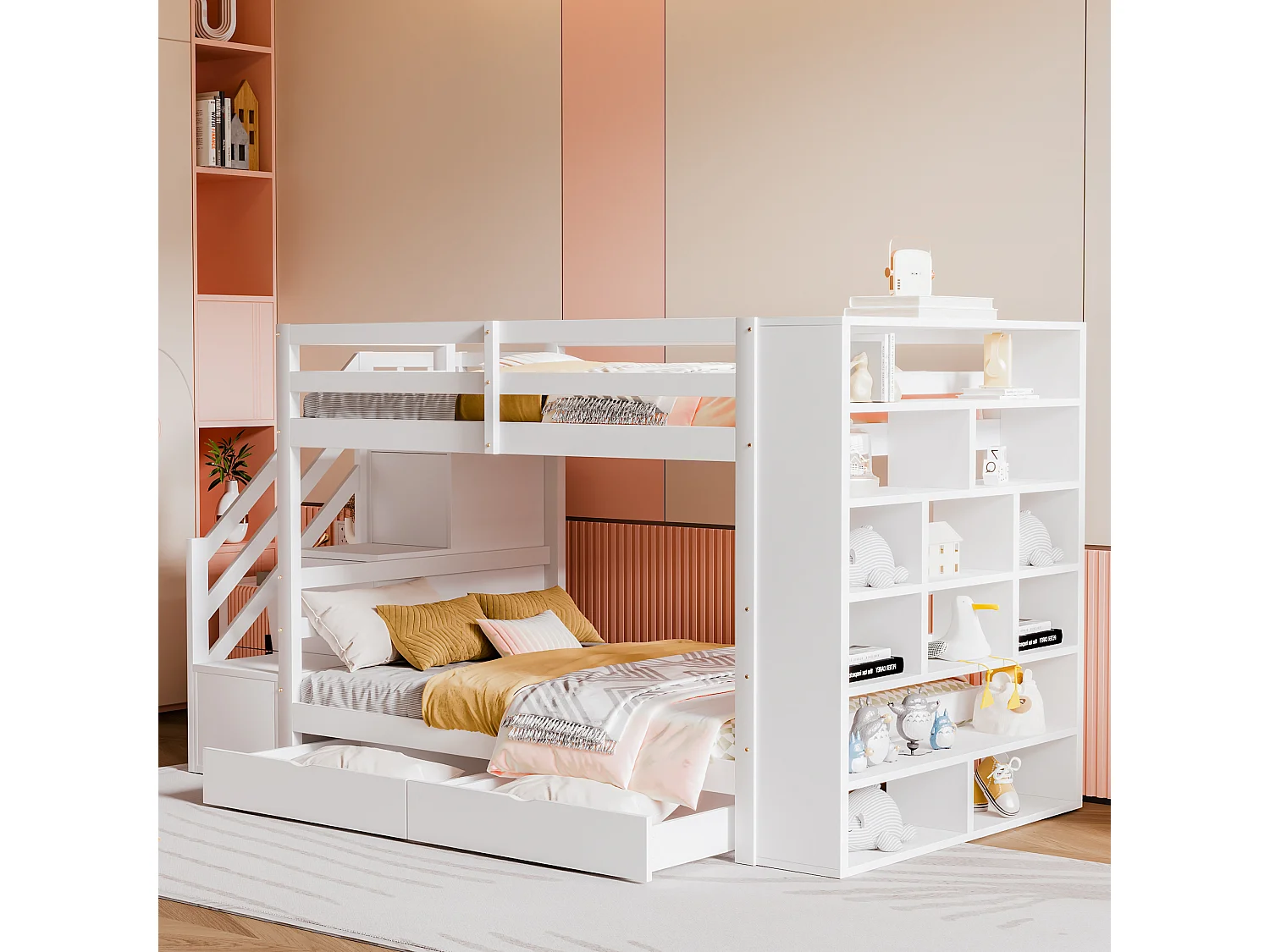 Lits superposés 2 x 90 x 200 cm avec 2 tiroirs et grands casiers & escalier - bois de pin + MDF - blanc (sans matelas)