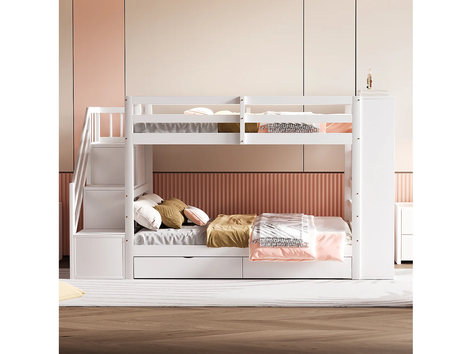 Lits superposés 2 x 90 x 200 cm avec 2 tiroirs et grands casiers & escalier - bois de pin + MDF - blanc (sans matelas)