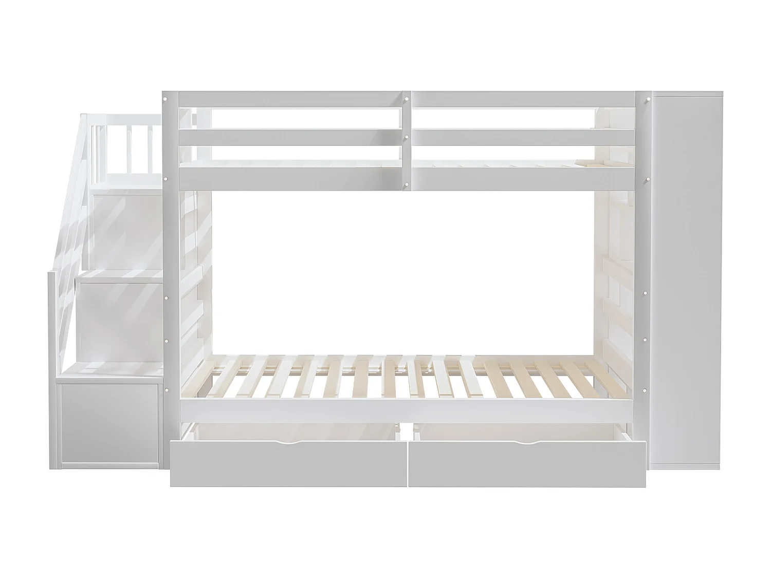 Lits superposés 2 x 90 x 200 cm avec 2 tiroirs et grands casiers & escalier - bois de pin + MDF - blanc (sans matelas)