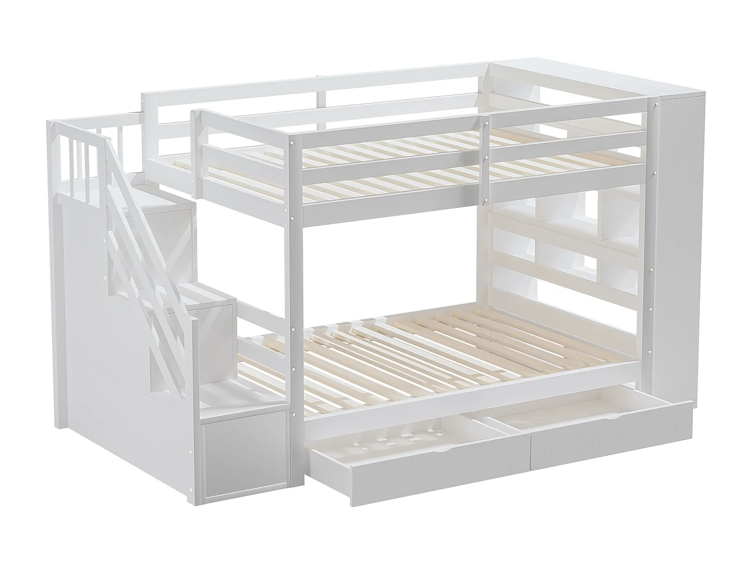 Lits superposés 2 x 90 x 200 cm avec 2 tiroirs et grands casiers & escalier - bois de pin + MDF - blanc (sans matelas)