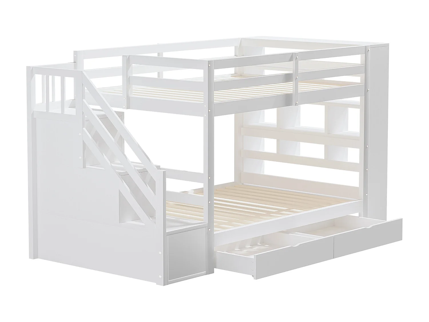 Lits superposés 2 x 90 x 200 cm avec 2 tiroirs et grands casiers & escalier - bois de pin + MDF - blanc (sans matelas)