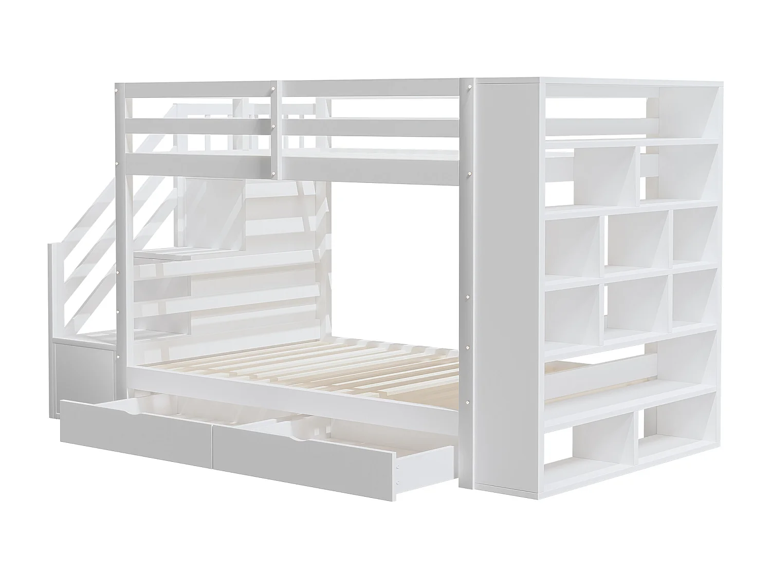 Lits superposés 2 x 90 x 200 cm avec 2 tiroirs et grands casiers & escalier - bois de pin + MDF - blanc (sans matelas)