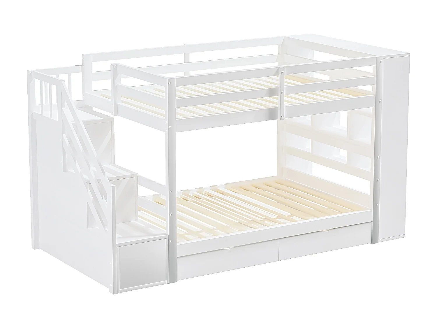 Lits superposés 2 x 90 x 200 cm avec 2 tiroirs et grands casiers & escalier - bois de pin + MDF - blanc (sans matelas)
