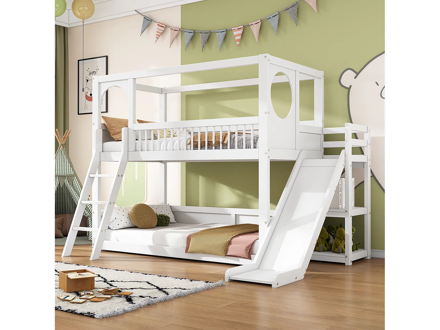 Lits superposés 2 x 90 x 200 cm avec étagères de rangement, toboggan & échelle - bois de pin + MDF - blanc (sans matelas)