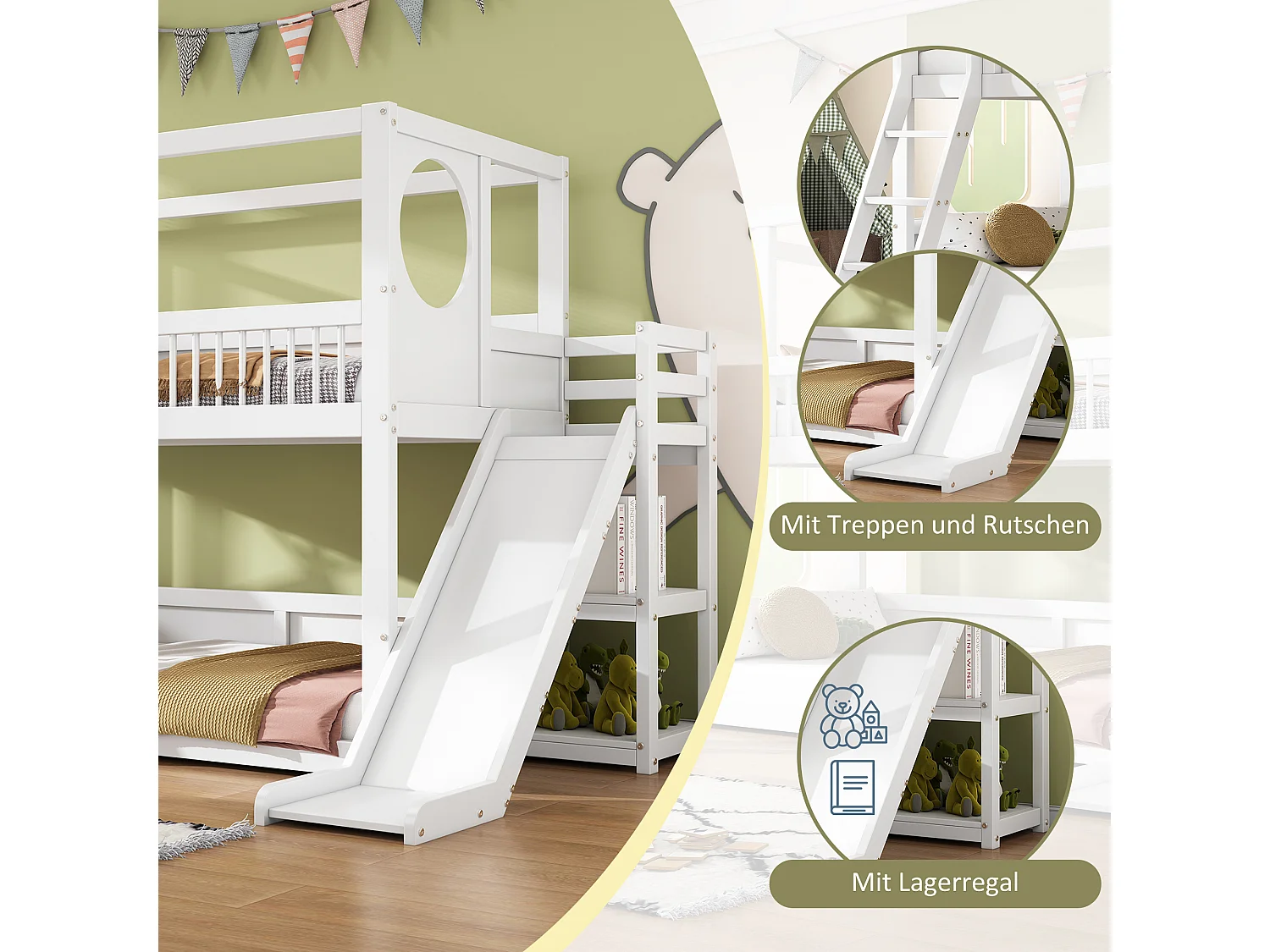 Lits superposés 2 x 90 x 200 cm avec étagères de rangement, toboggan & échelle - bois de pin + MDF - blanc (sans matelas)