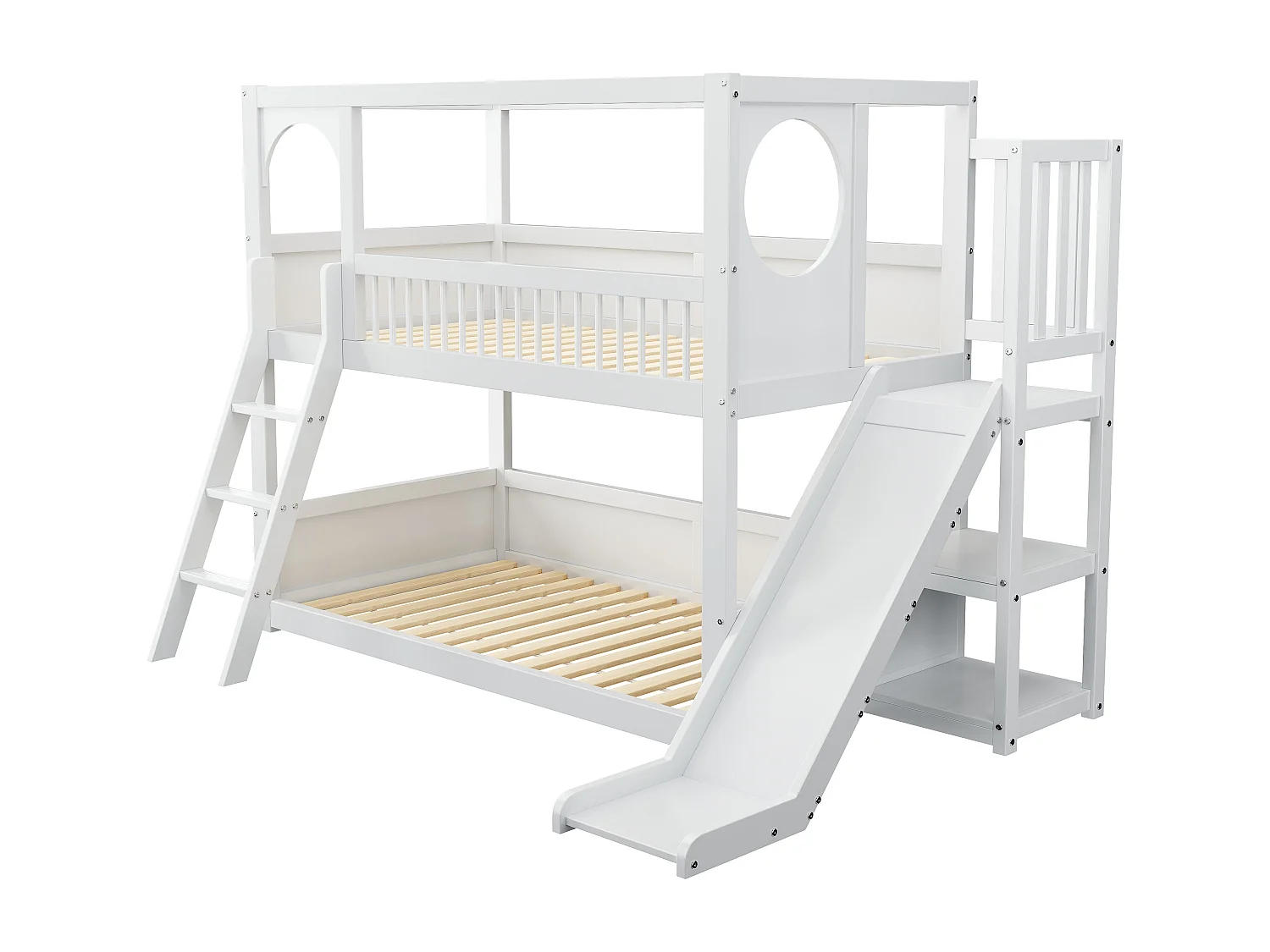 Lits superposés 2 x 90 x 200 cm avec étagères de rangement, toboggan & échelle - bois de pin + MDF - blanc (sans matelas)