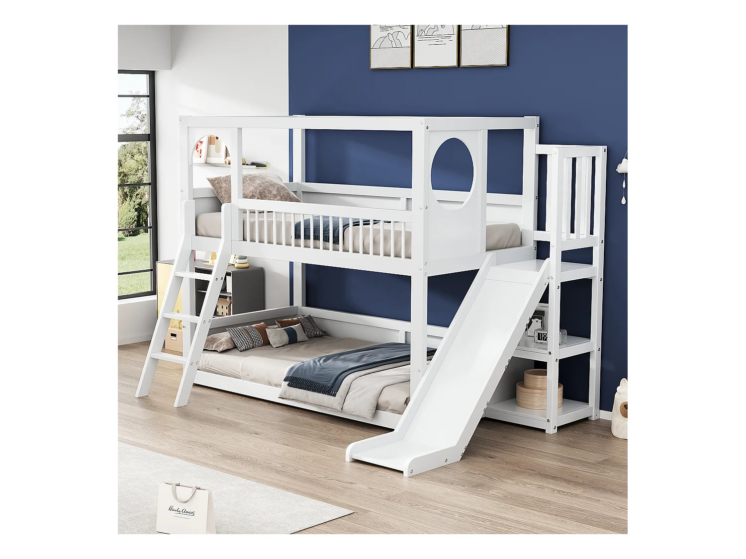 Lits superposés 2 x 90 x 200 cm avec étagères de rangement, toboggan & échelle - bois de pin + MDF - blanc (sans matelas)