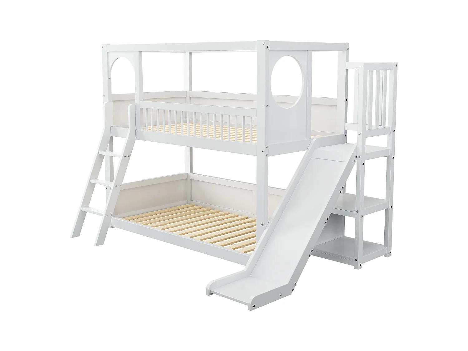 Etagenbett (2 x 90 x 200 cm) mit Regalen, Rutsche und Leiter – Kiefernholz + MDF – Weiß (ohne Matratze)