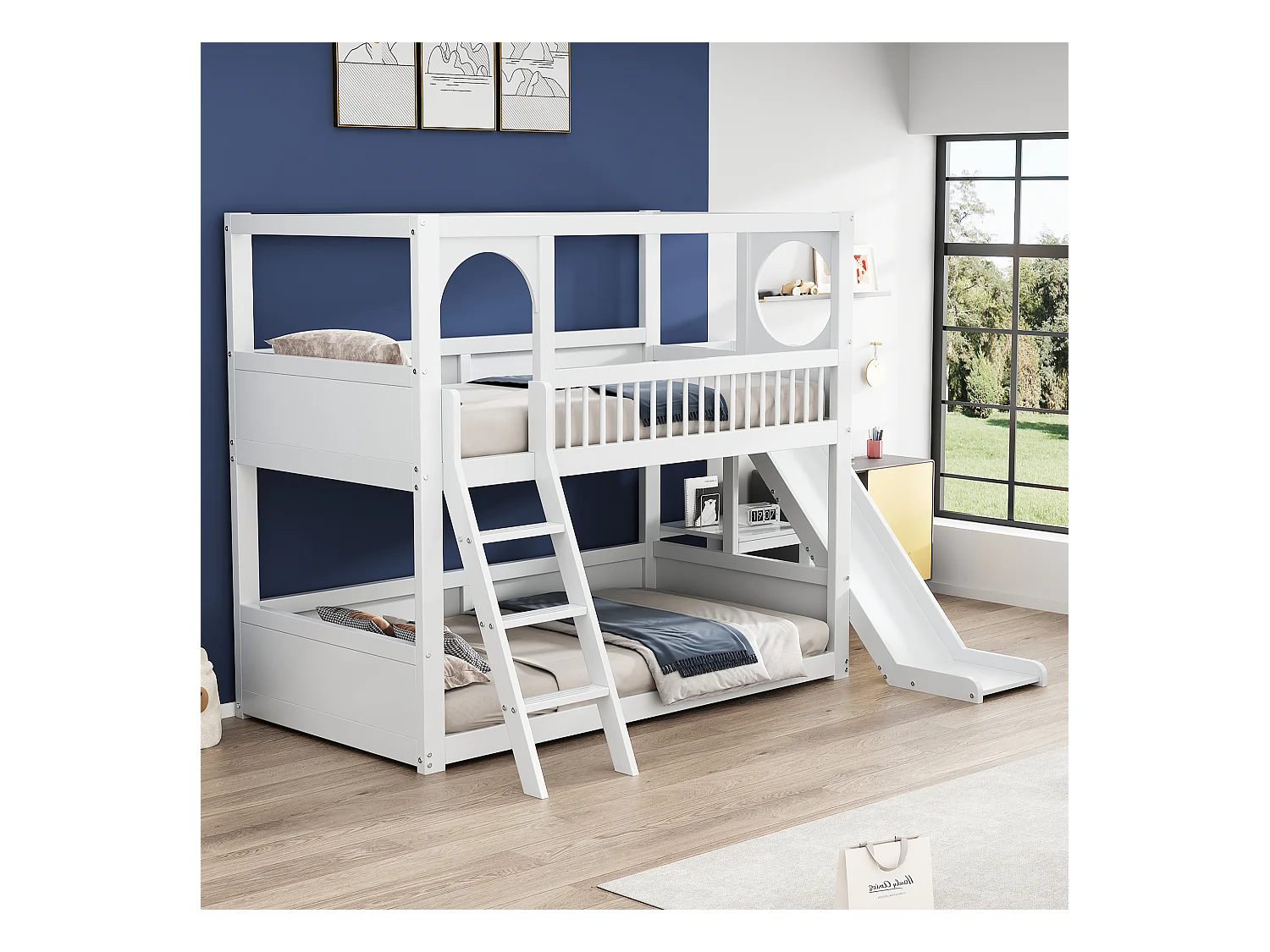Etagenbett (2 x 90 x 200 cm) mit Regalen, Rutsche und Leiter – Kiefernholz + MDF – Weiß (ohne Matratze)