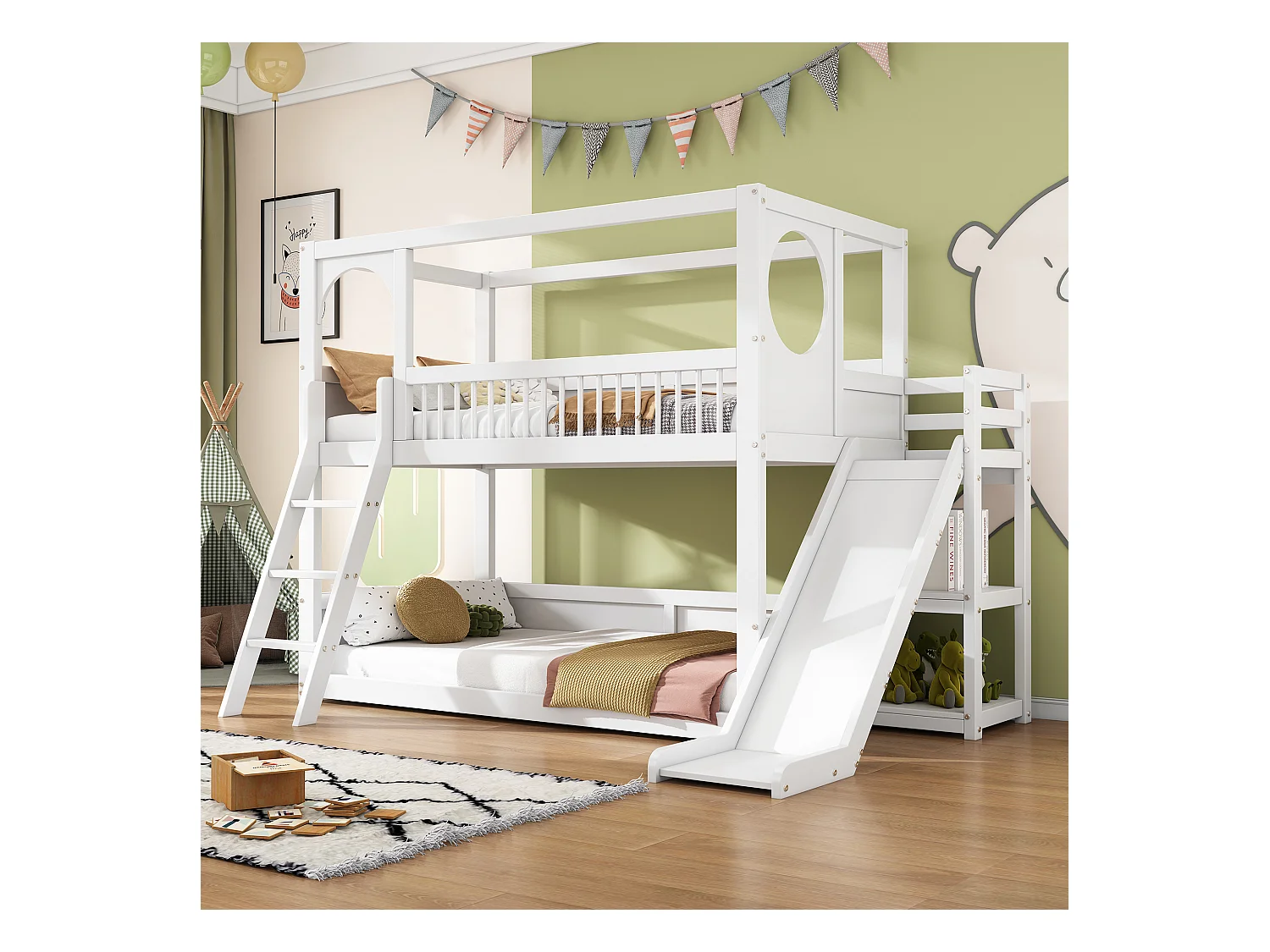 Etagenbett (2 x 90 x 200 cm) mit Regalen, Rutsche und Leiter – Kiefernholz + MDF – Weiß (ohne Matratze)