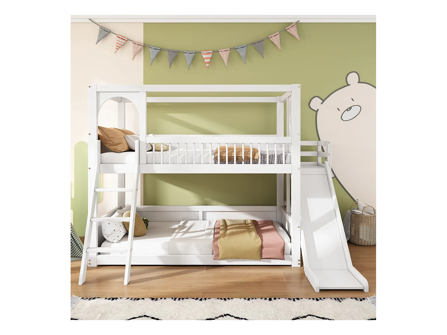 Etagenbett (2 x 90 x 200 cm) mit Regalen, Rutsche und Leiter – Kiefernholz + MDF – Weiß (ohne Matratze)