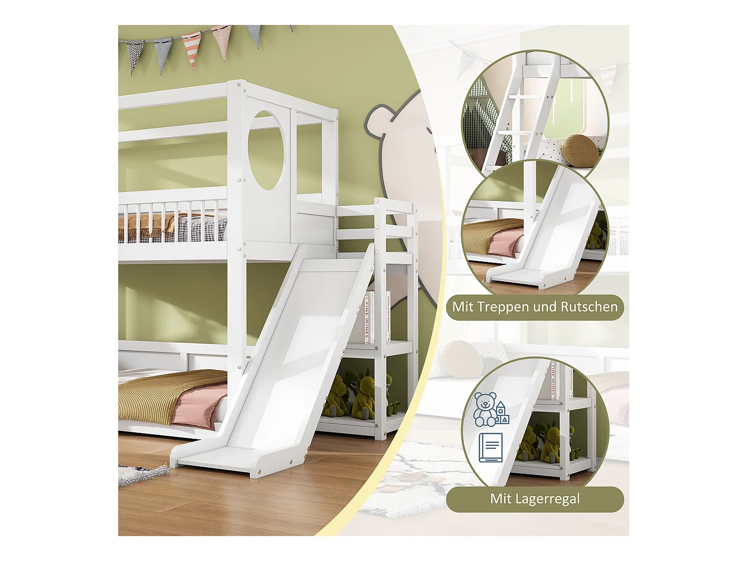 Etagenbett (2 x 90 x 200 cm) mit Regalen, Rutsche und Leiter – Kiefernholz + MDF – Weiß (ohne Matratze)