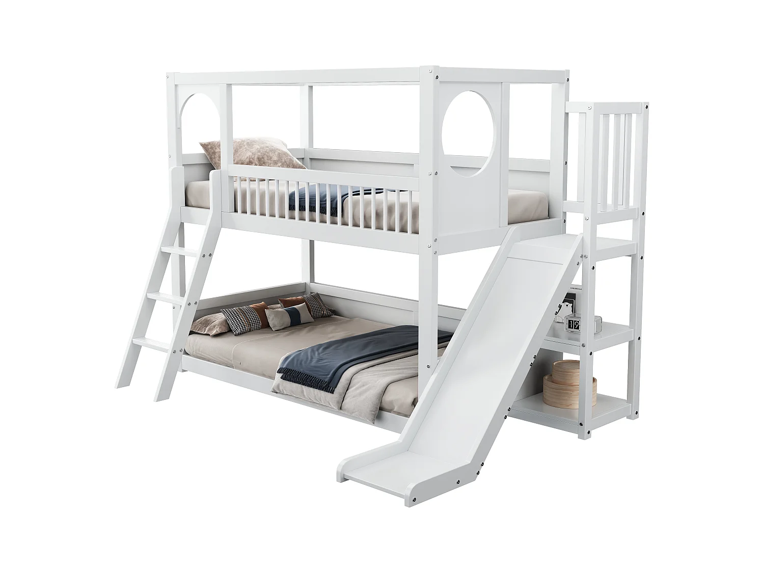 Etagenbett (2 x 90 x 200 cm) mit Regalen, Rutsche und Leiter – Kiefernholz + MDF – Weiß (ohne Matratze)