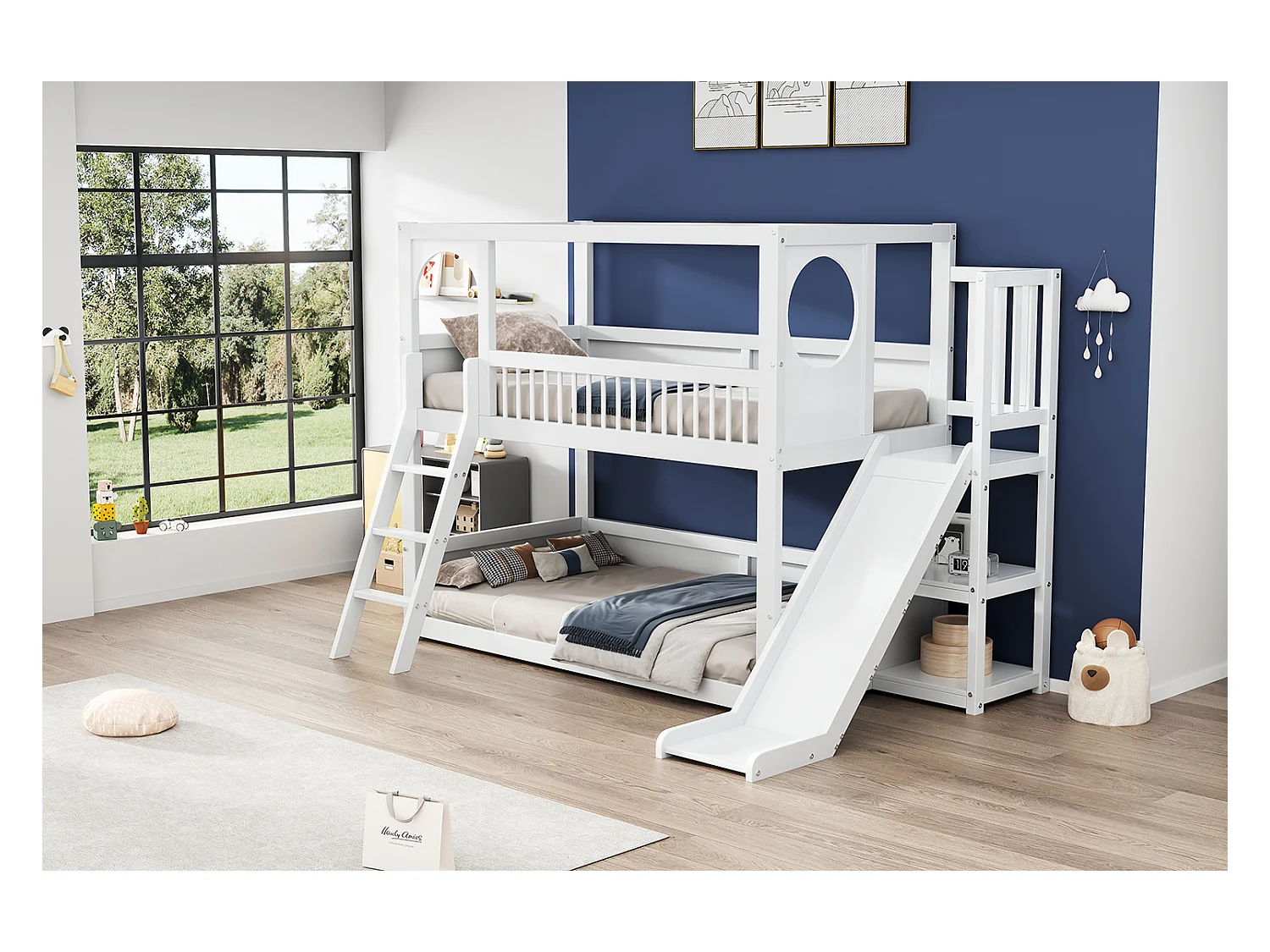 Etagenbett (2 x 90 x 200 cm) mit Regalen, Rutsche und Leiter – Kiefernholz + MDF – Weiß (ohne Matratze)