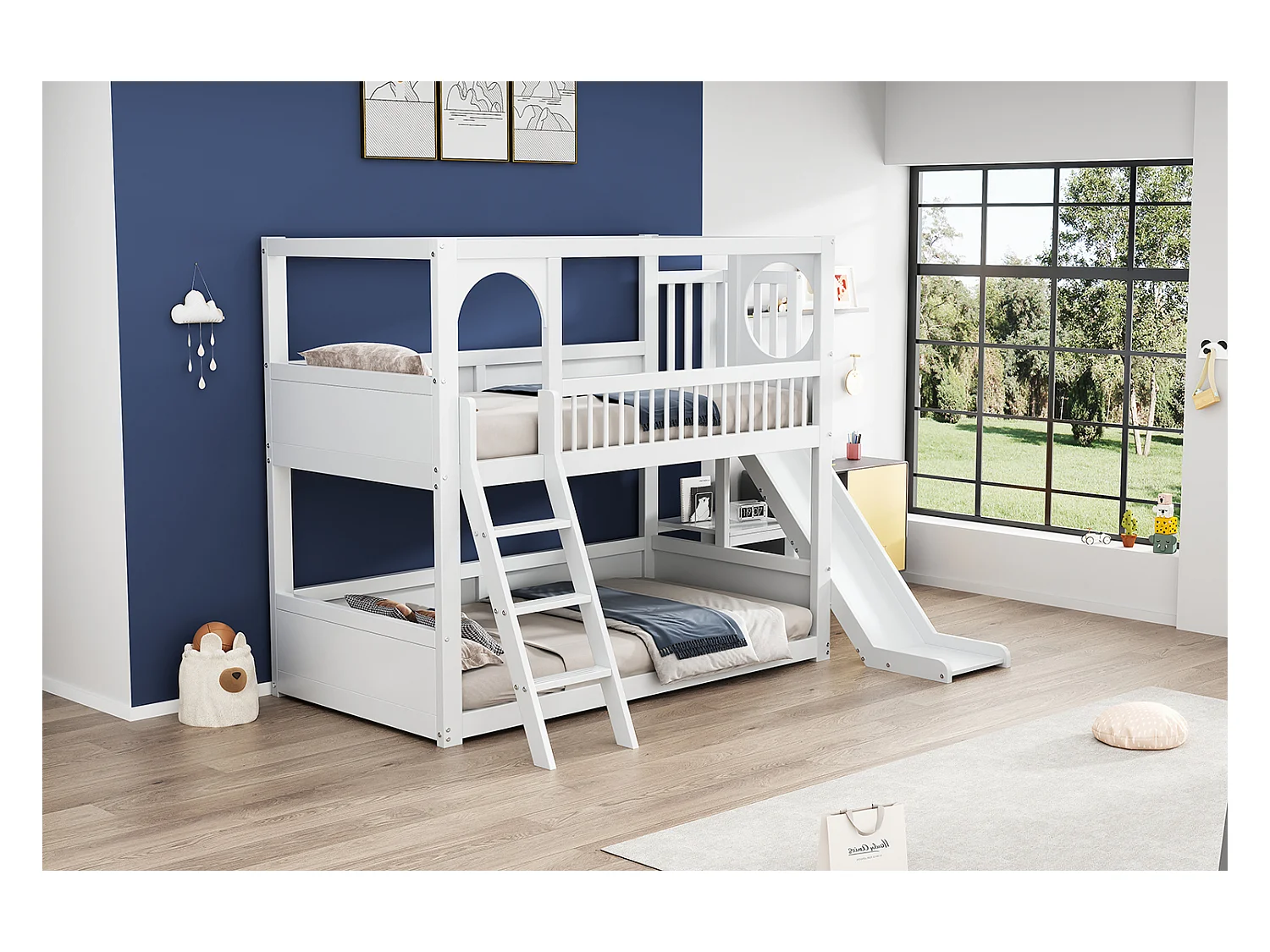 Etagenbett (2 x 90 x 200 cm) mit Regalen, Rutsche und Leiter – Kiefernholz + MDF – Weiß (ohne Matratze)